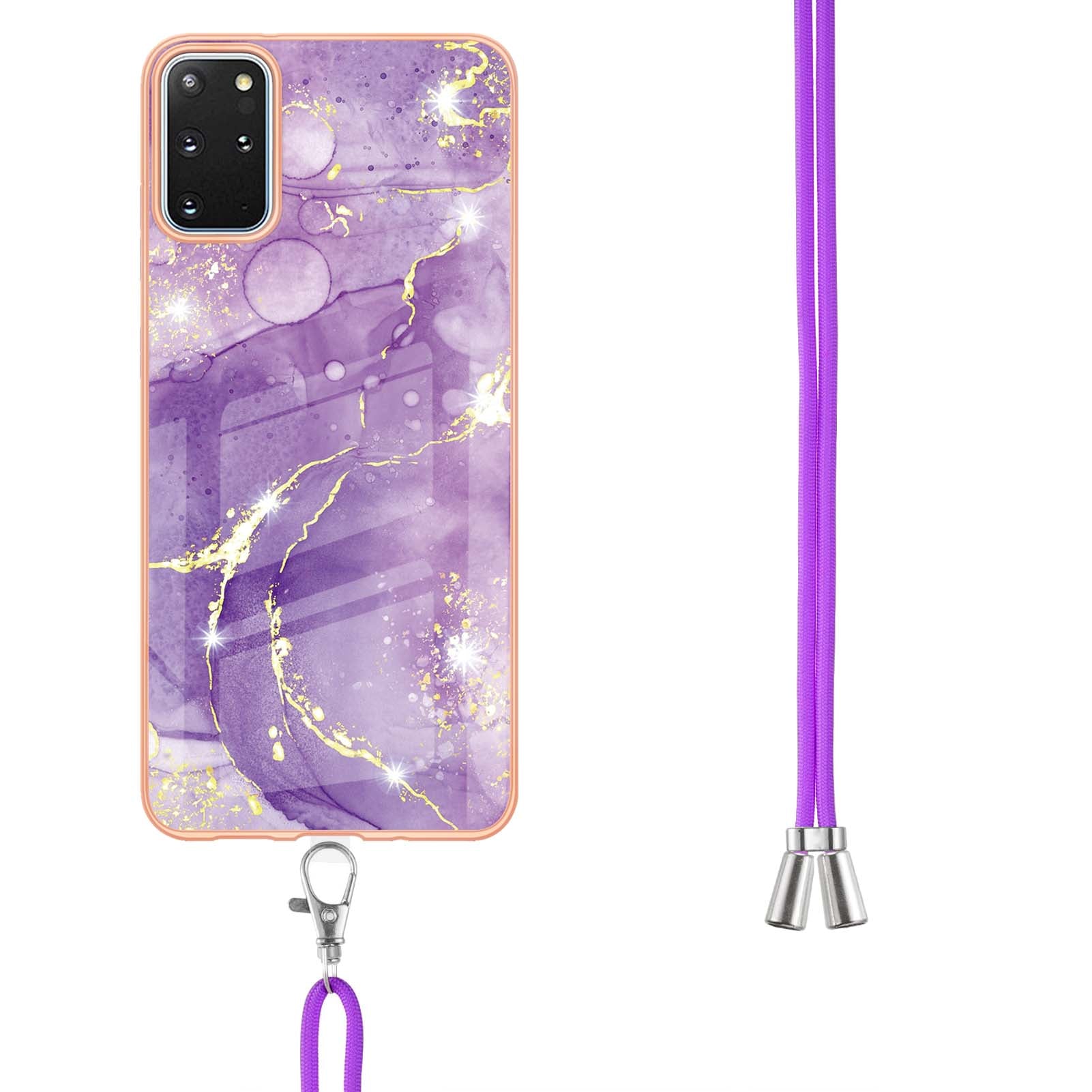 Marble Pattern Electroplated Edge Flexible TPU IMD Stylish Shockproof Phone Shell with Strap for Samsung Galaxy S20 Plus 4G/5G - Purple 002