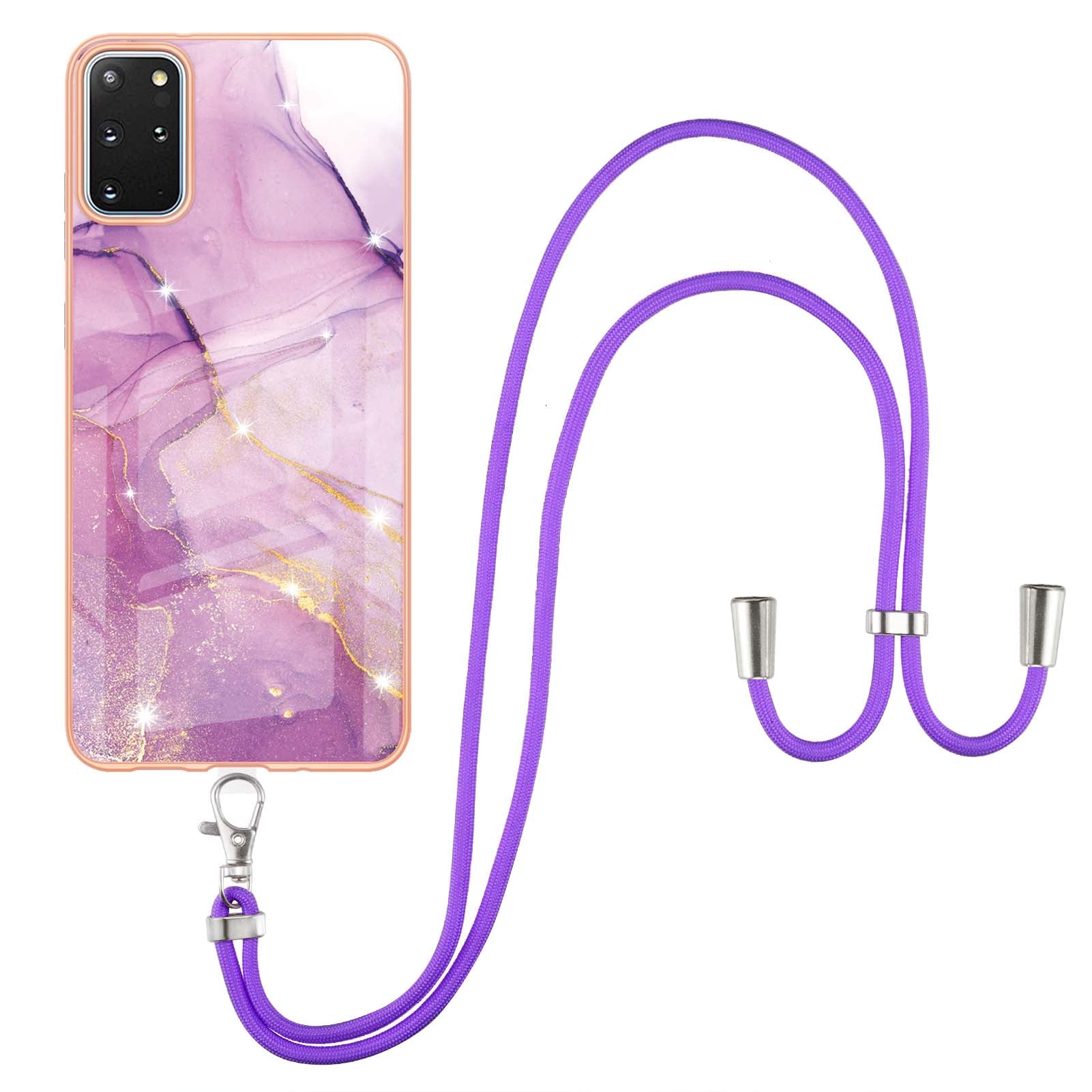 Marble Pattern Electroplated Edge Flexible TPU IMD Stylish Shockproof Phone Shell with Strap for Samsung Galaxy S20 Plus 4G/5G - Purple 001