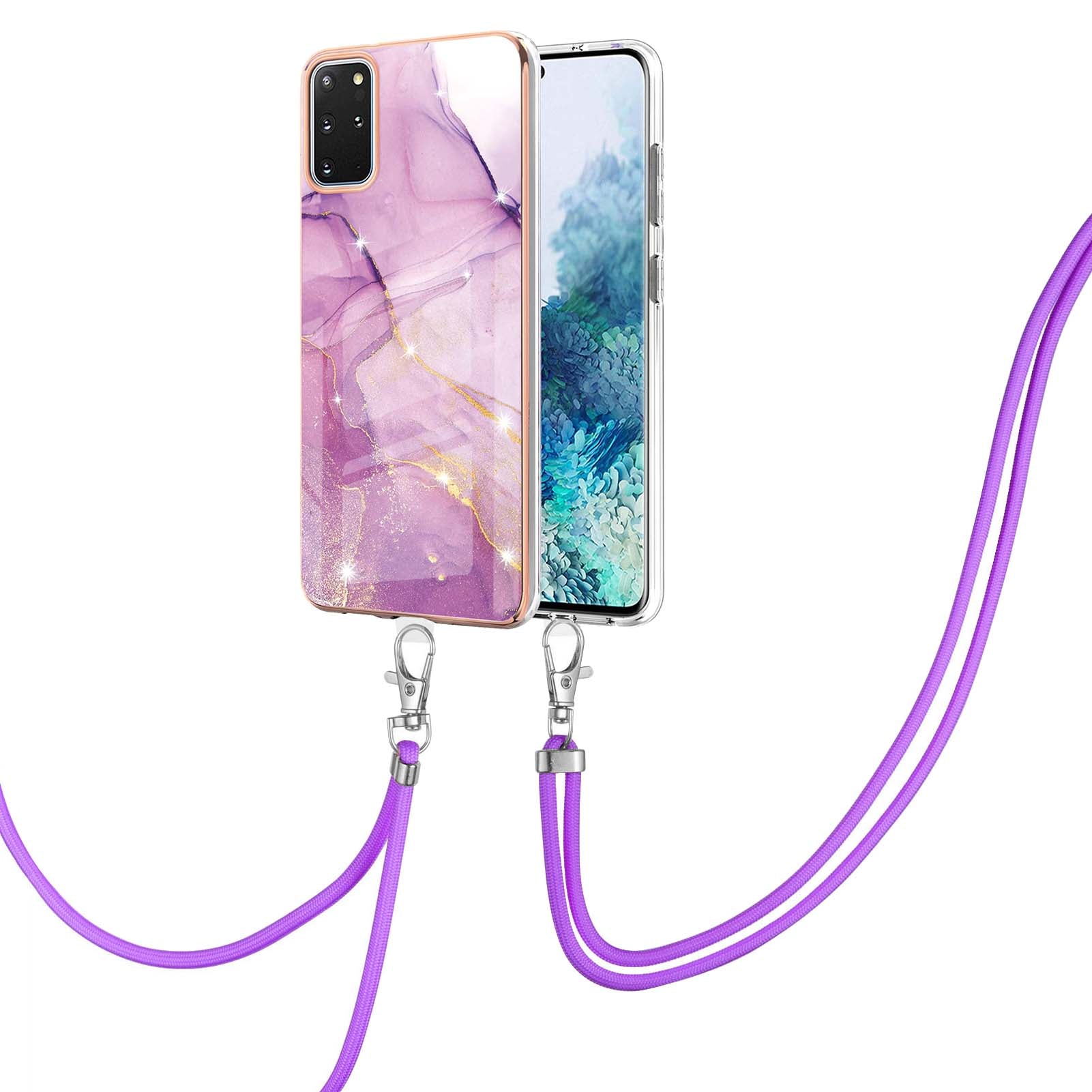 Marble Pattern Electroplated Edge Flexible TPU IMD Stylish Shockproof Phone Shell with Strap for Samsung Galaxy S20 Plus 4G/5G - Purple 001