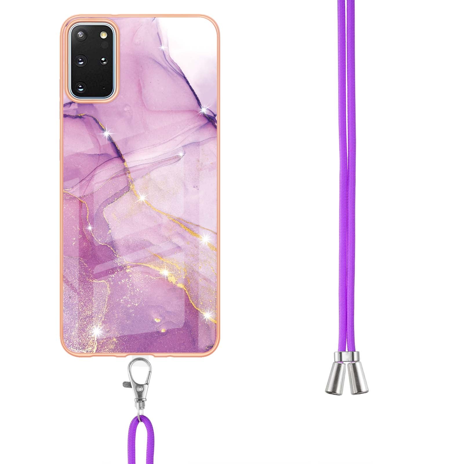 Marble Pattern Electroplated Edge Flexible TPU IMD Stylish Shockproof Phone Shell with Strap for Samsung Galaxy S20 Plus 4G/5G - Purple 001