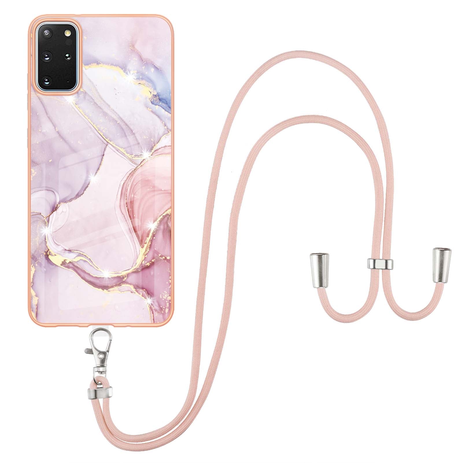 Marble Pattern Electroplated Edge Flexible TPU IMD Stylish Shockproof Phone Shell with Strap for Samsung Galaxy S20 Plus 4G/5G - Rose Gold 005