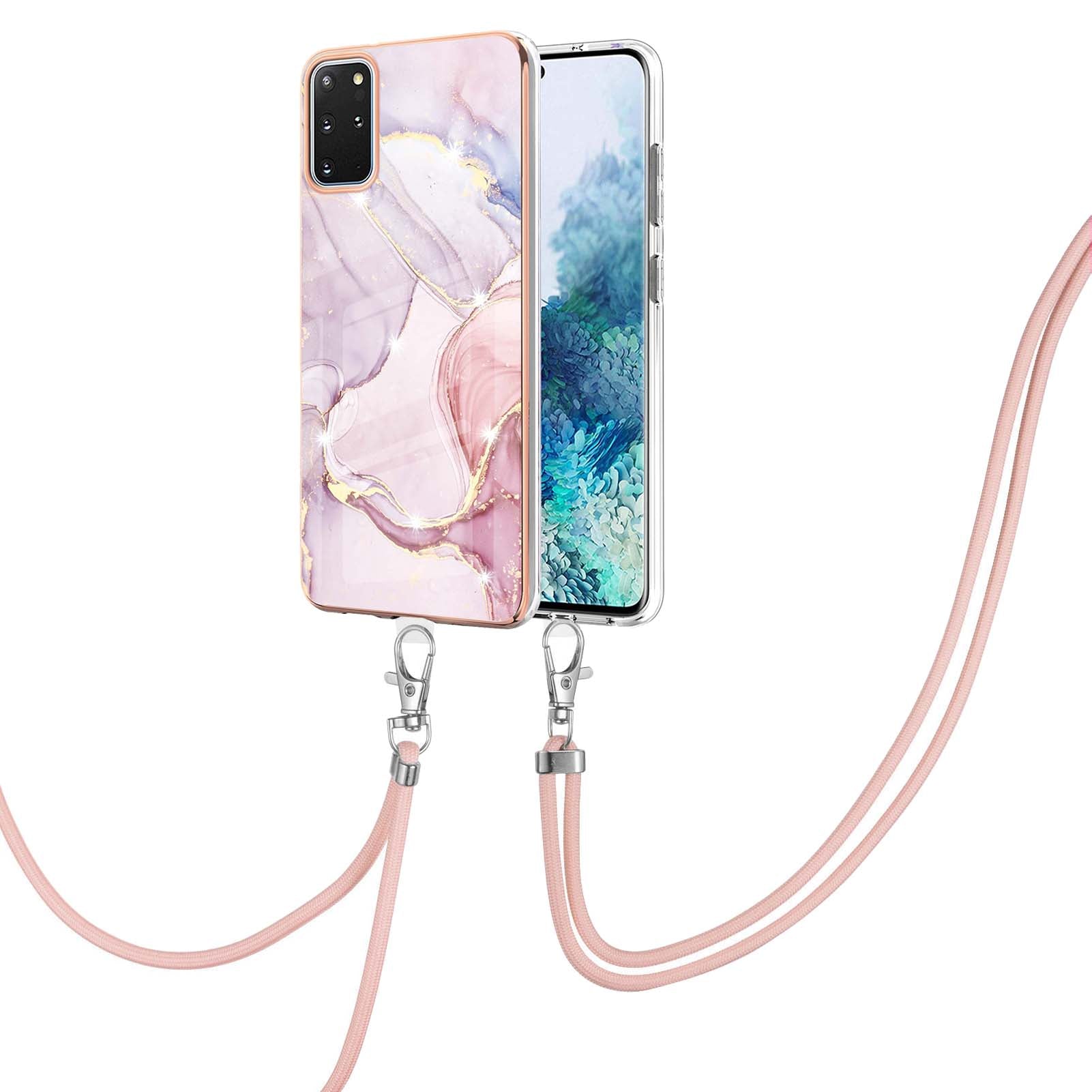 Marble Pattern Electroplated Edge Flexible TPU IMD Stylish Shockproof Phone Shell with Strap for Samsung Galaxy S20 Plus 4G/5G - Rose Gold 005