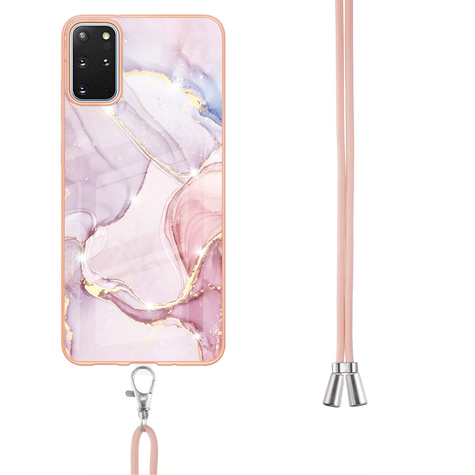 Marble Pattern Electroplated Edge Flexible TPU IMD Stylish Shockproof Phone Shell with Strap for Samsung Galaxy S20 Plus 4G/5G - Rose Gold 005