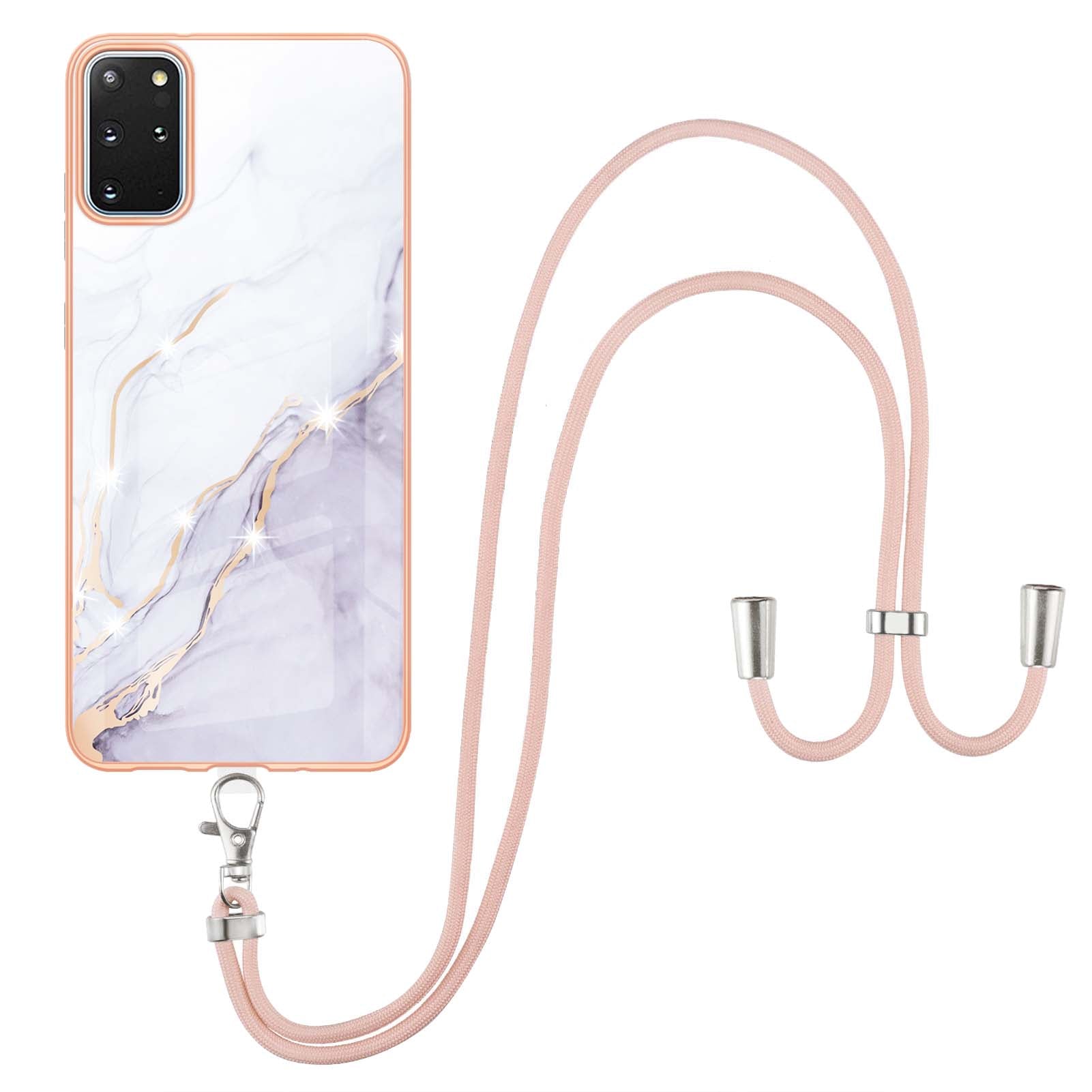 Marble Pattern Electroplated Edge Flexible TPU IMD Stylish Shockproof Phone Shell with Strap for Samsung Galaxy S20 Plus 4G/5G - White 006