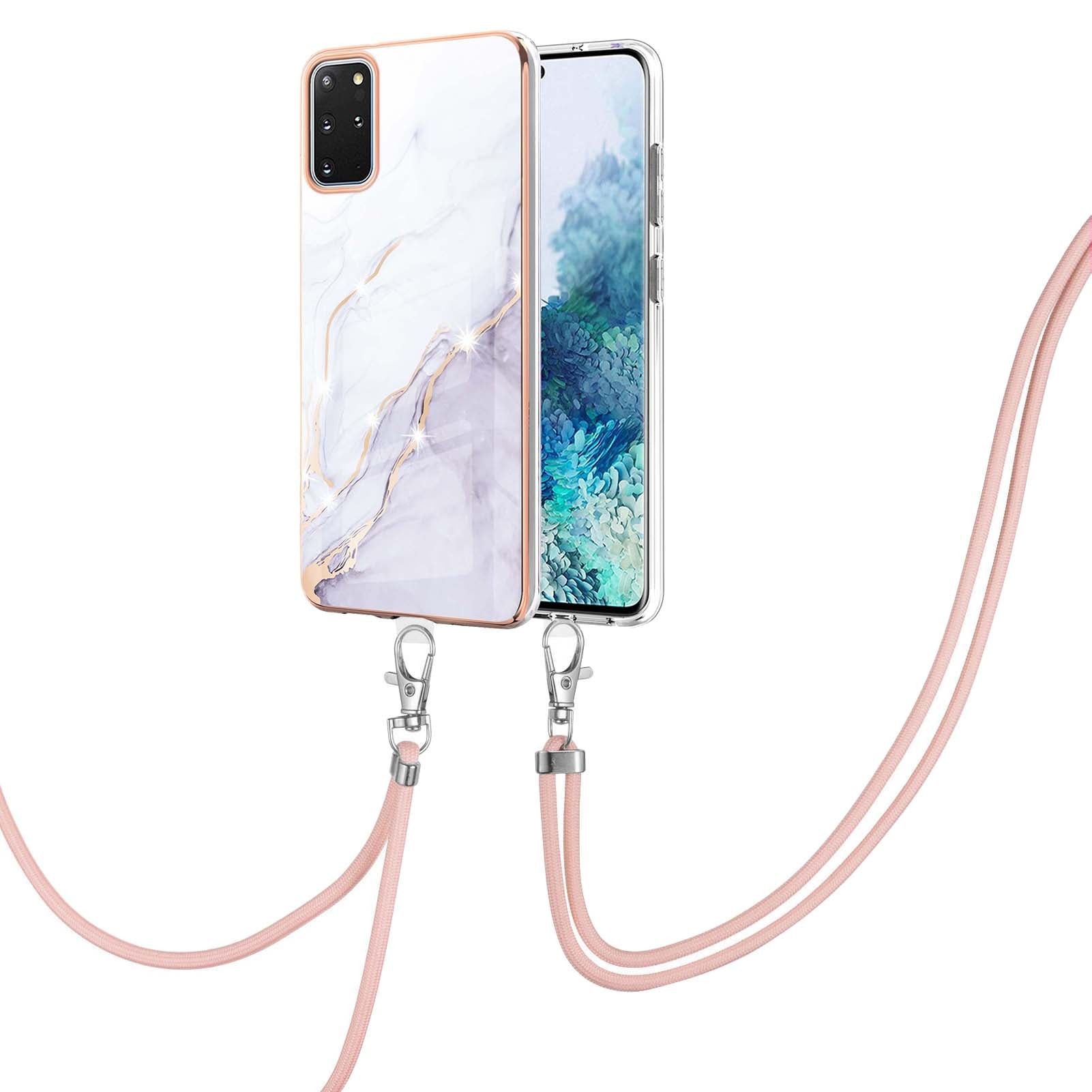 Marble Pattern Electroplated Edge Flexible TPU IMD Stylish Shockproof Phone Shell with Strap for Samsung Galaxy S20 Plus 4G/5G - White 006