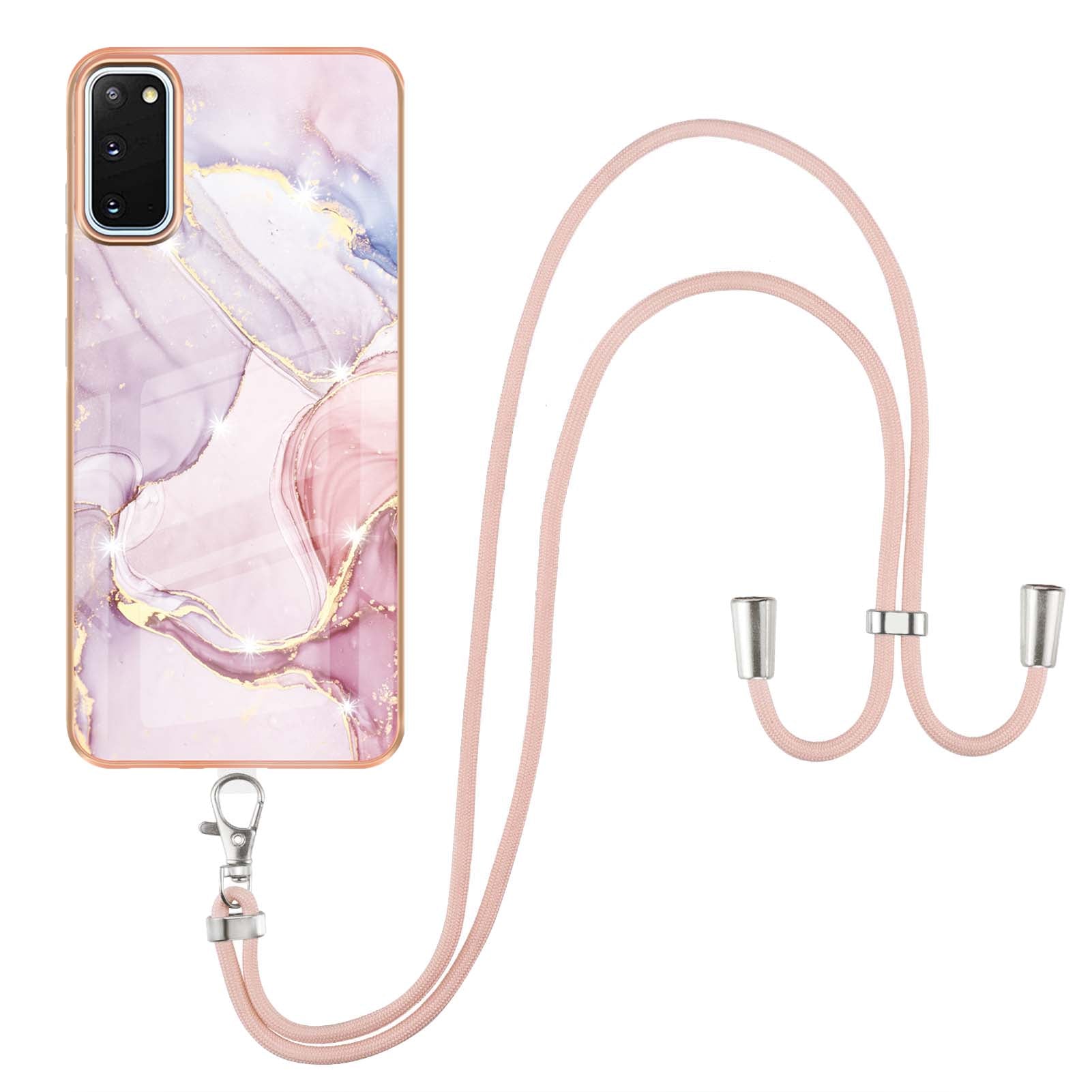 Marble Pattern Electroplated Edge Soft TPU Anti-Scratch IMD Phone Case with Strap for Samsung Galaxy S20 4G/S20 5G - Rose Gold 005