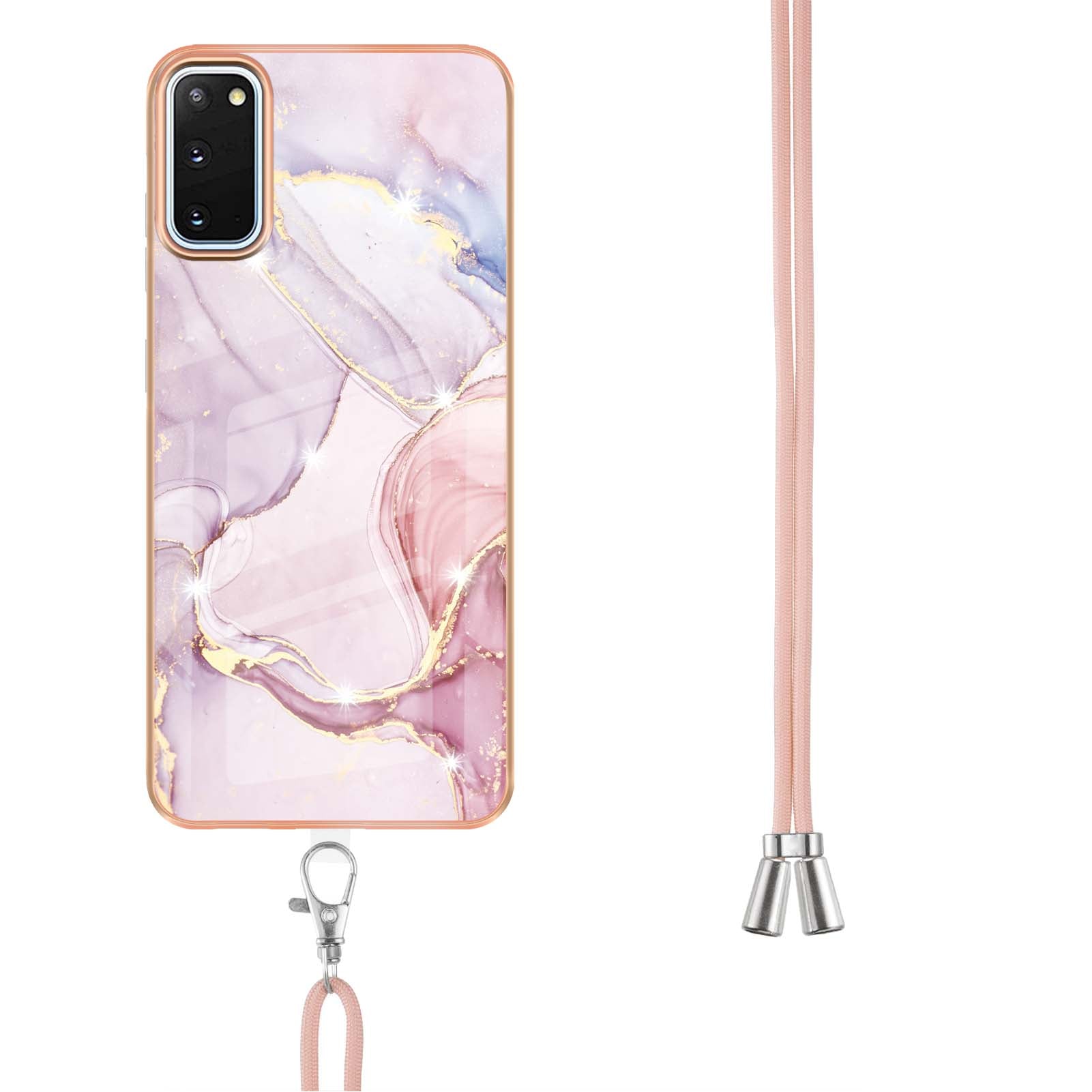 Marble Pattern Electroplated Edge Soft TPU Anti-Scratch IMD Phone Case with Strap for Samsung Galaxy S20 4G/S20 5G - Rose Gold 005