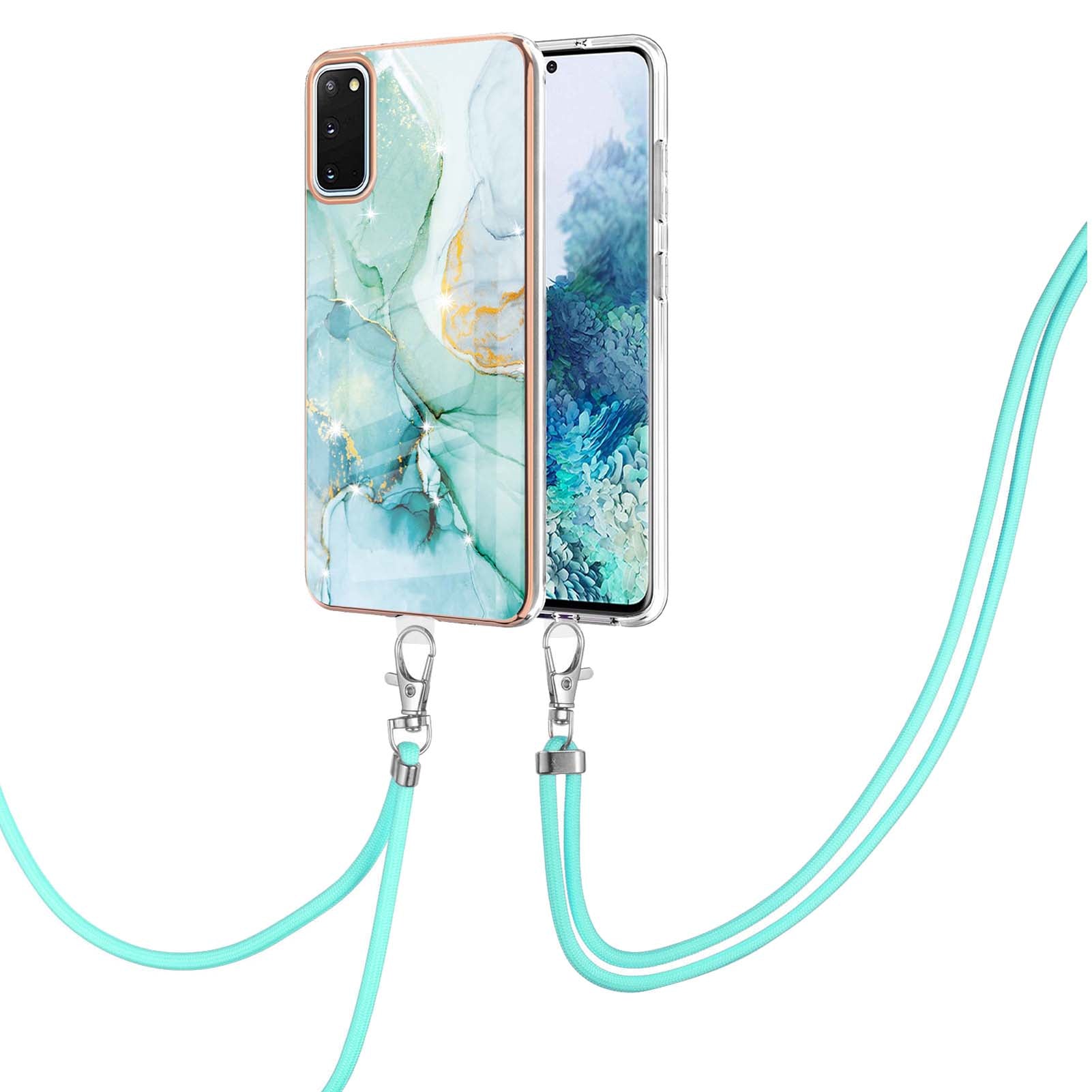 Marble Pattern Electroplated Edge Soft TPU Anti-Scratch IMD Phone Case with Strap for Samsung Galaxy S20 4G/S20 5G - Green 003