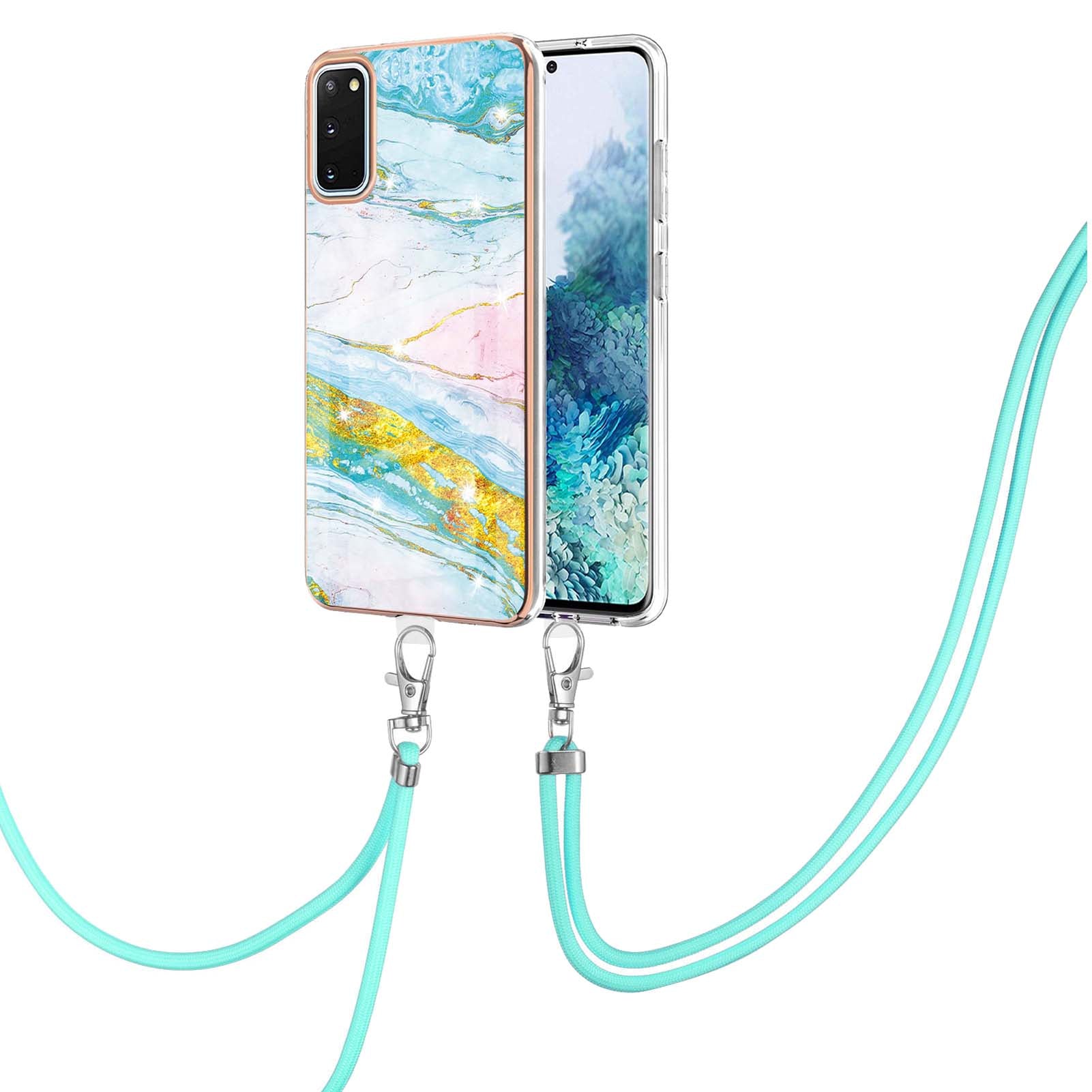 Marble Pattern Electroplated Edge Soft TPU Anti-Scratch IMD Phone Case with Strap for Samsung Galaxy S20 4G/S20 5G - Green 004