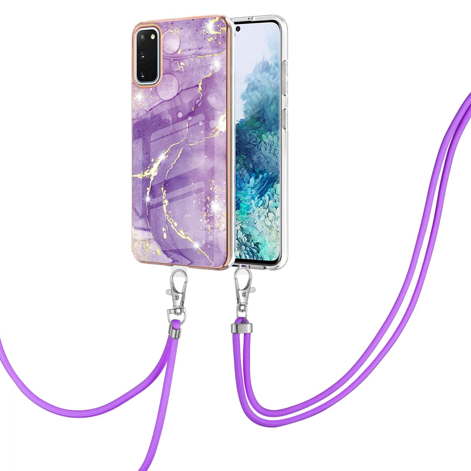 Marble Pattern Electroplated Edge Soft TPU Anti-Scratch IMD Phone Case with Strap for Samsung Galaxy S20 4G/S20 5G - Purple 002