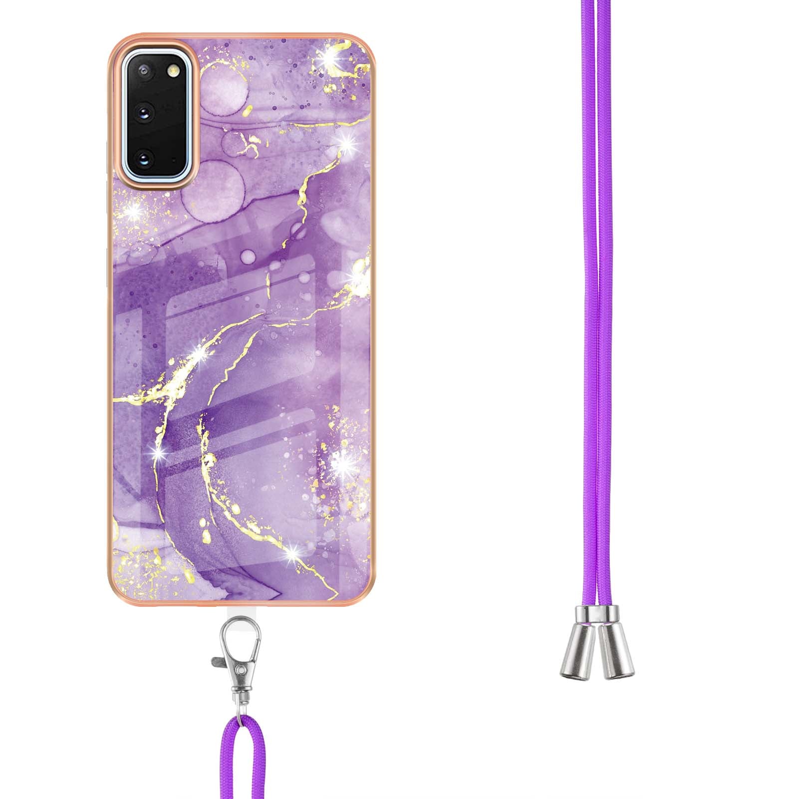 Marble Pattern Electroplated Edge Soft TPU Anti-Scratch IMD Phone Case with Strap for Samsung Galaxy S20 4G/S20 5G - Purple 002