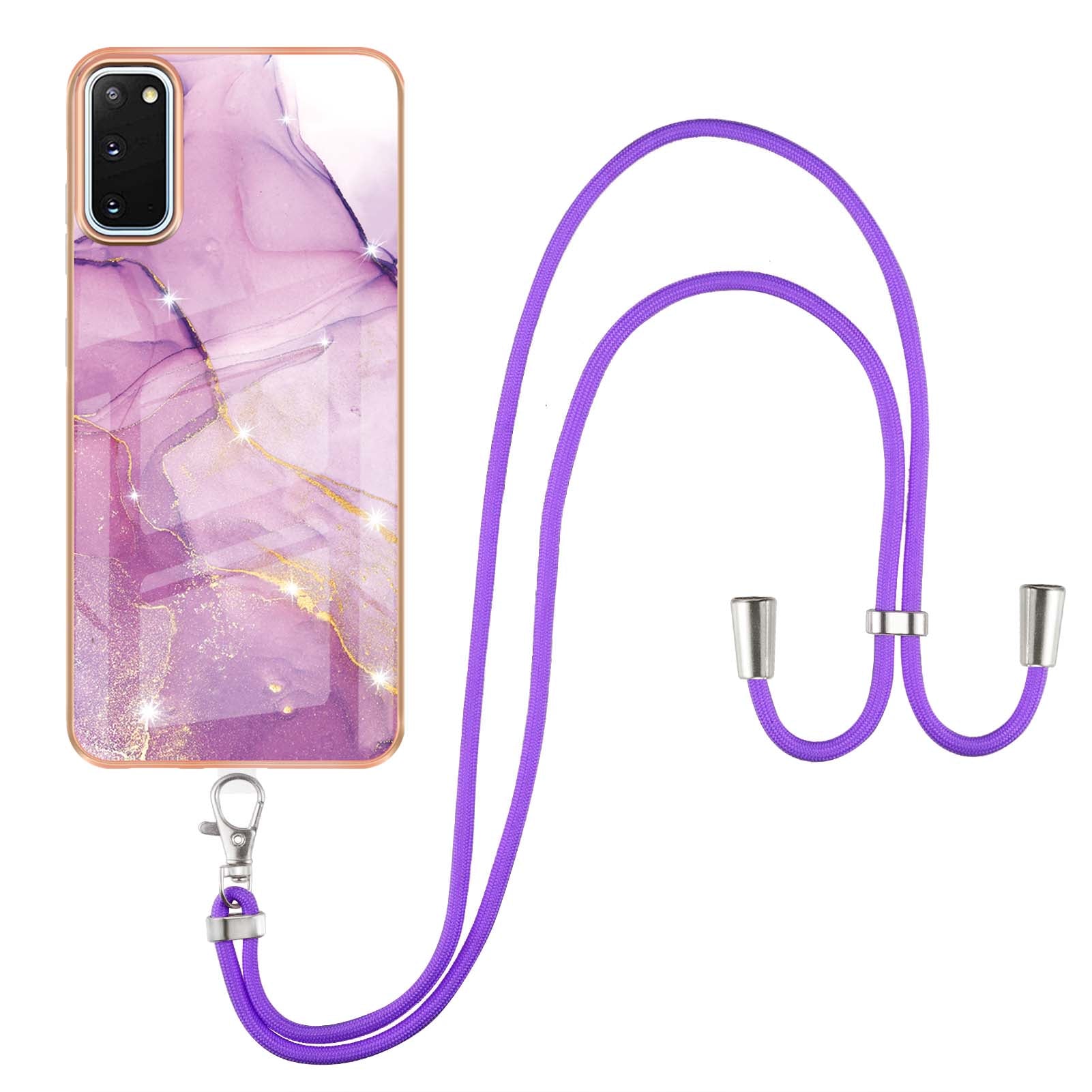 Marble Pattern Electroplated Edge Soft TPU Anti-Scratch IMD Phone Case with Strap for Samsung Galaxy S20 4G/S20 5G - Purple 001