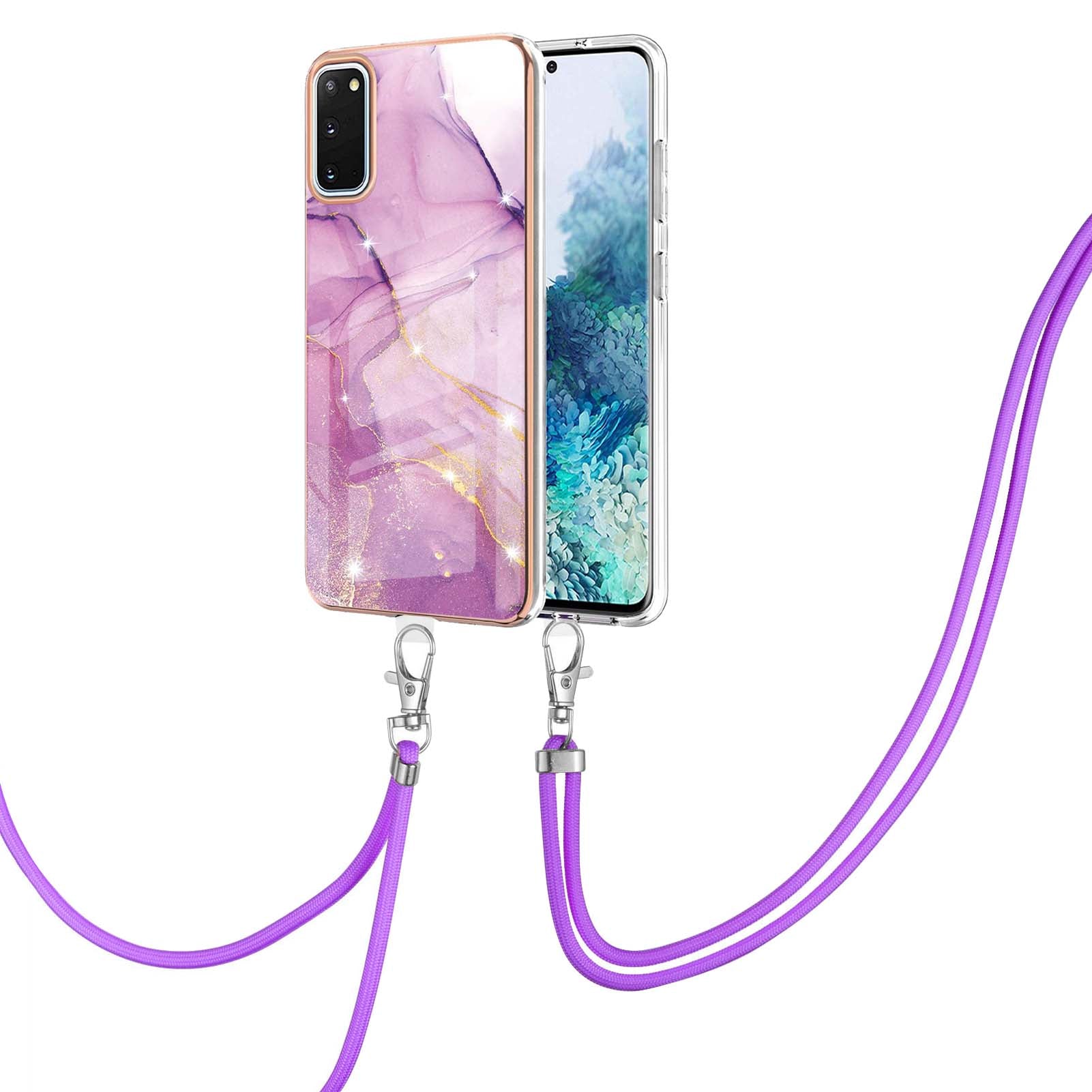 Marble Pattern Electroplated Edge Soft TPU Anti-Scratch IMD Phone Case with Strap for Samsung Galaxy S20 4G/S20 5G - Purple 001