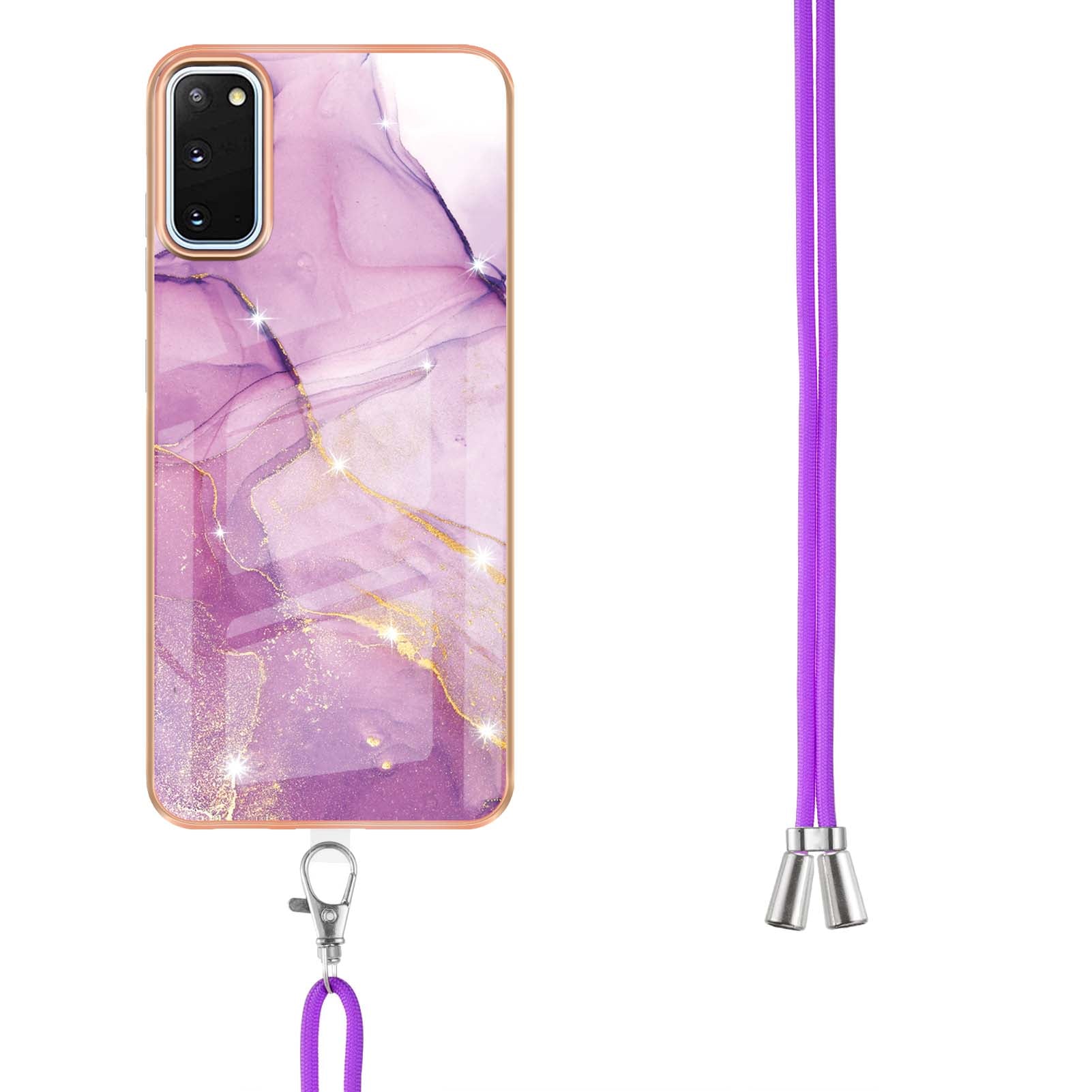 Marble Pattern Electroplated Edge Soft TPU Anti-Scratch IMD Phone Case with Strap for Samsung Galaxy S20 4G/S20 5G - Purple 001