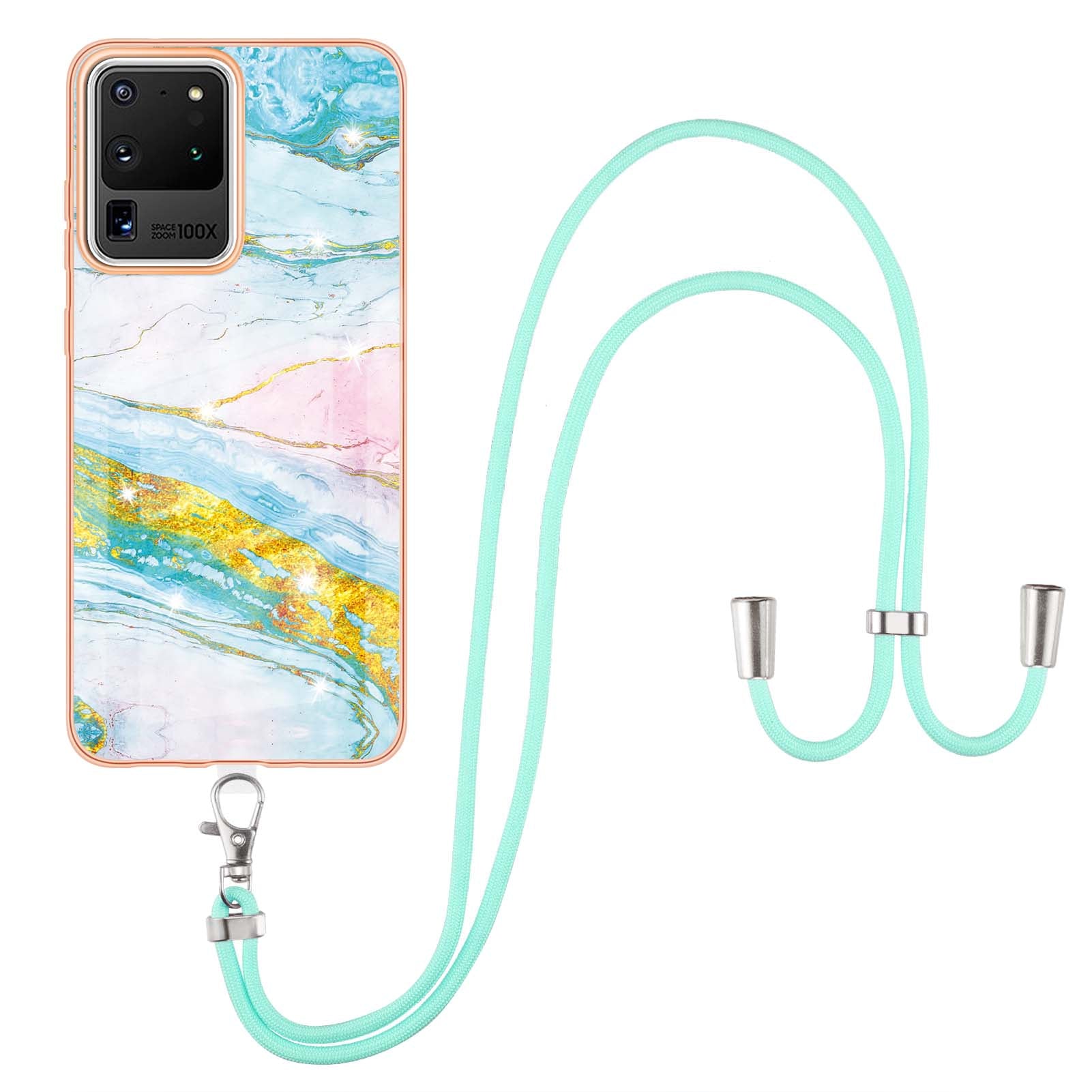 Marble Pattern Electroplated Edge Flexible TPU Anti-Drop IMD Phone Case with Strap for Samsung Galaxy S20 Ultra - Green 004