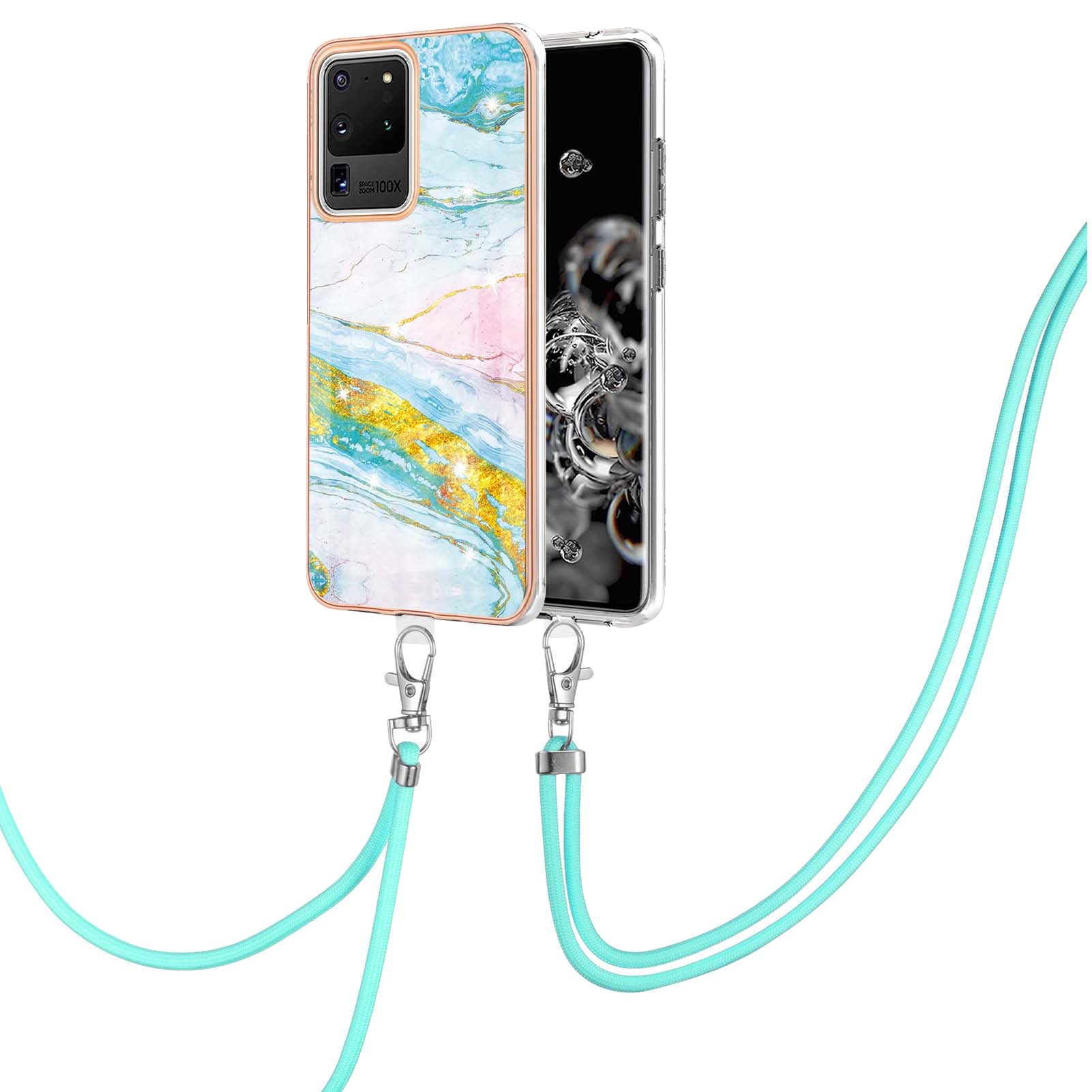 Marble Pattern Electroplated Edge Flexible TPU Anti-Drop IMD Phone Case with Strap for Samsung Galaxy S20 Ultra - Green 004