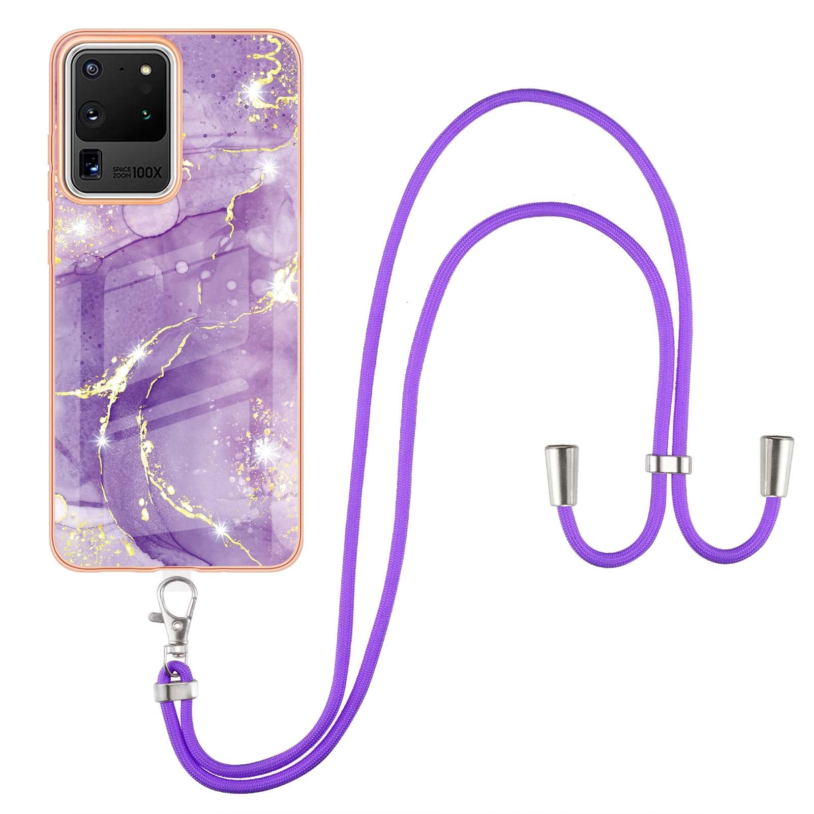 Marble Pattern Electroplated Edge Flexible TPU Anti-Drop IMD Phone Case with Strap for Samsung Galaxy S20 Ultra - Purple 002