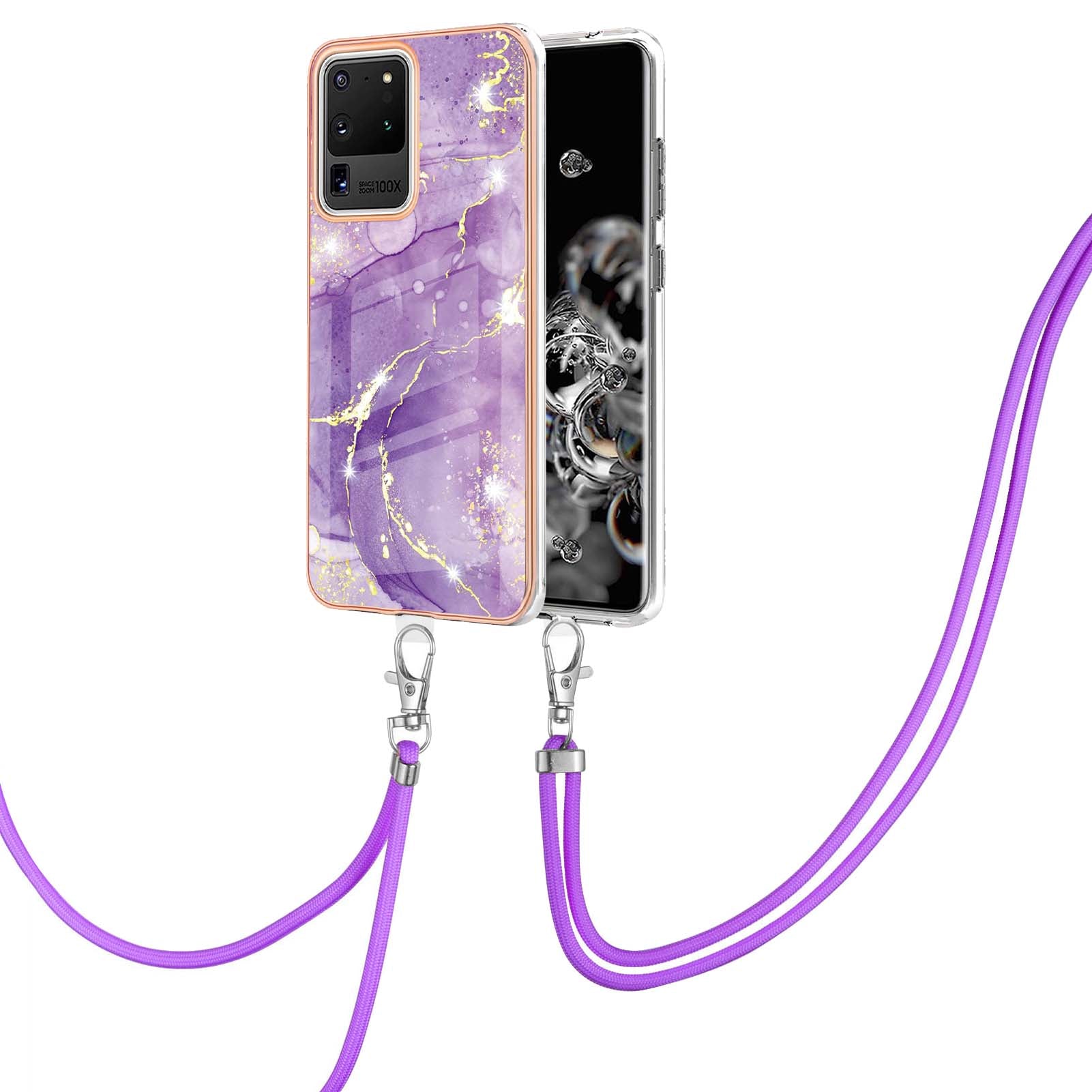 Marble Pattern Electroplated Edge Flexible TPU Anti-Drop IMD Phone Case with Strap for Samsung Galaxy S20 Ultra - Purple 002