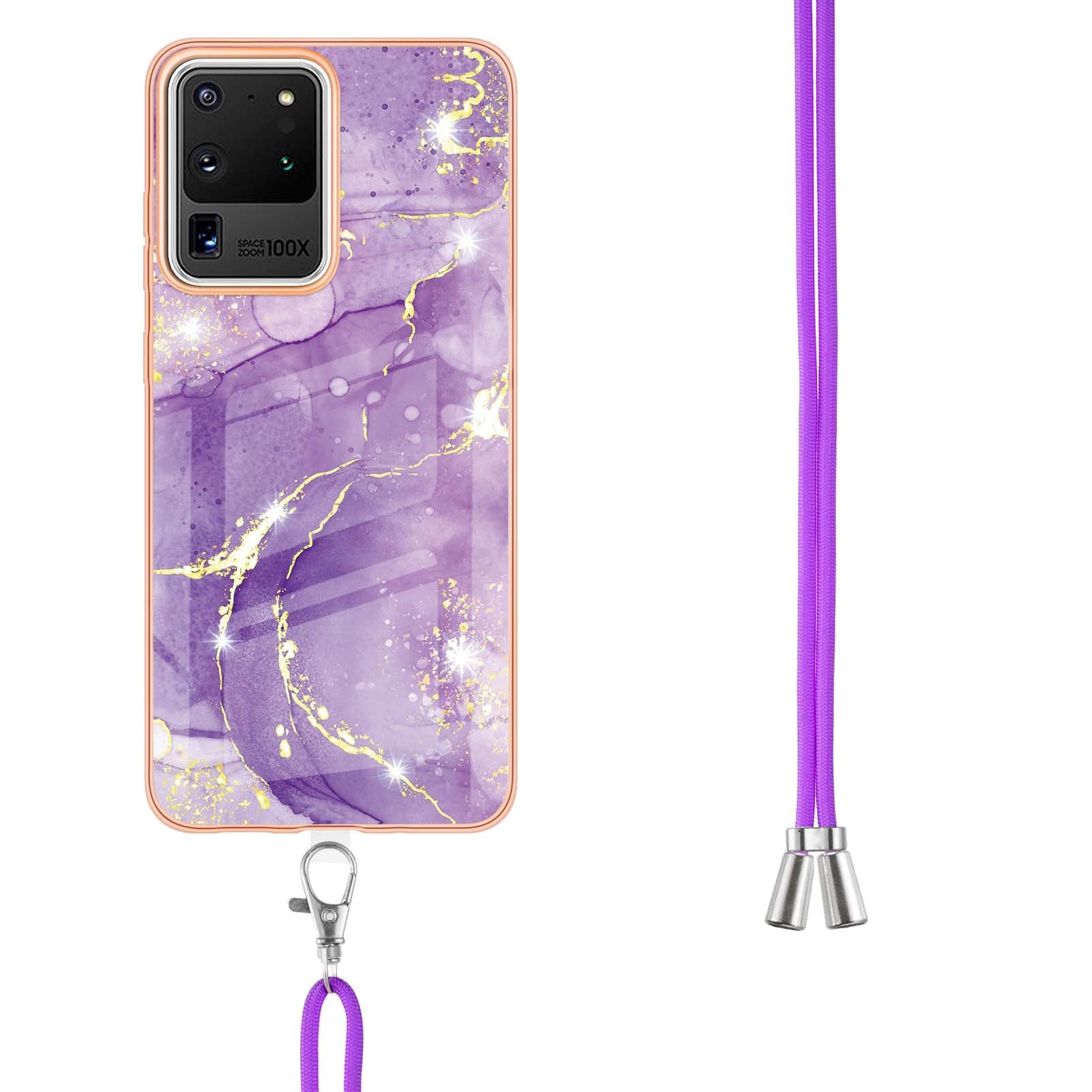 Marble Pattern Electroplated Edge Flexible TPU Anti-Drop IMD Phone Case with Strap for Samsung Galaxy S20 Ultra - Purple 002