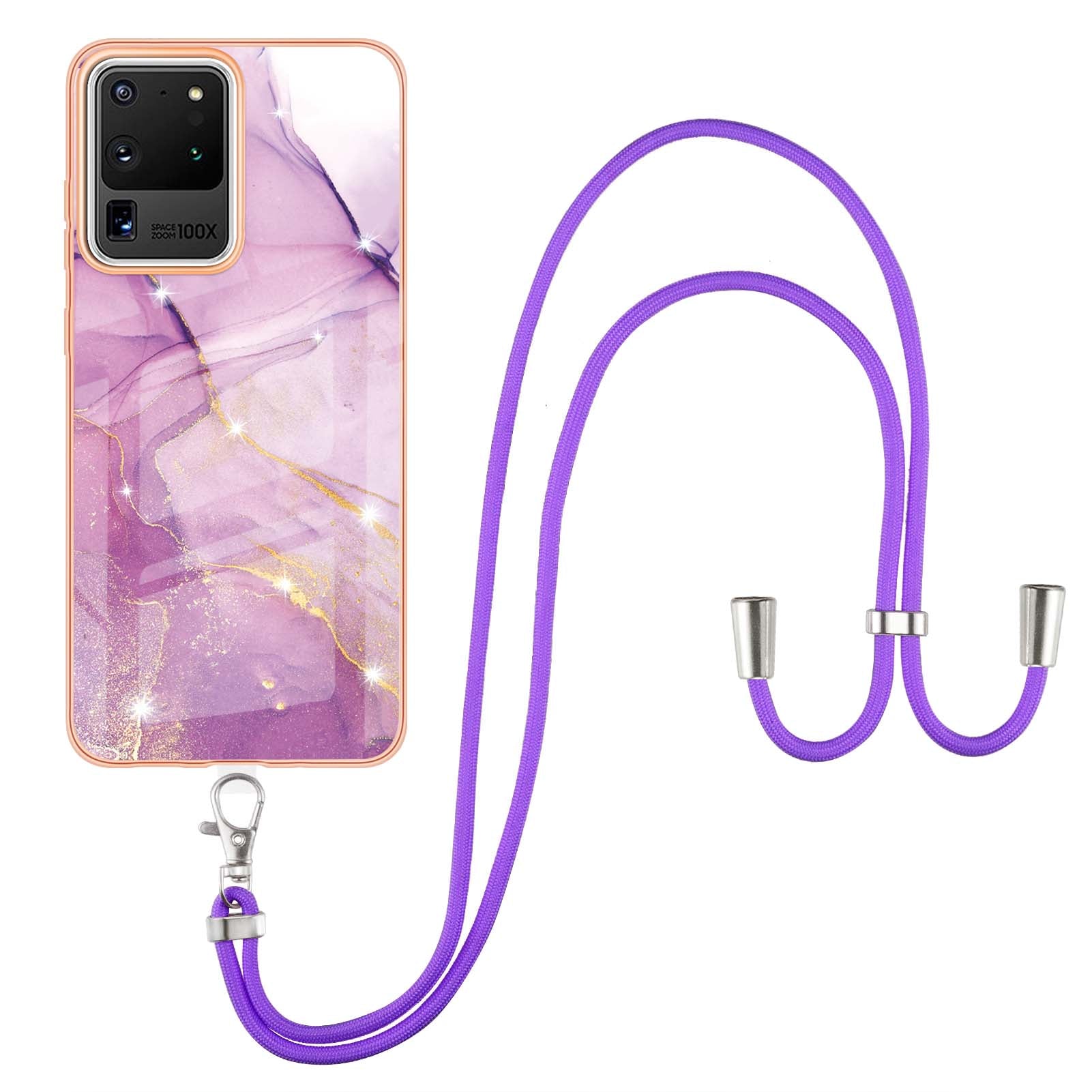 Marble Pattern Electroplated Edge Flexible TPU Anti-Drop IMD Phone Case with Strap for Samsung Galaxy S20 Ultra - Purple 001