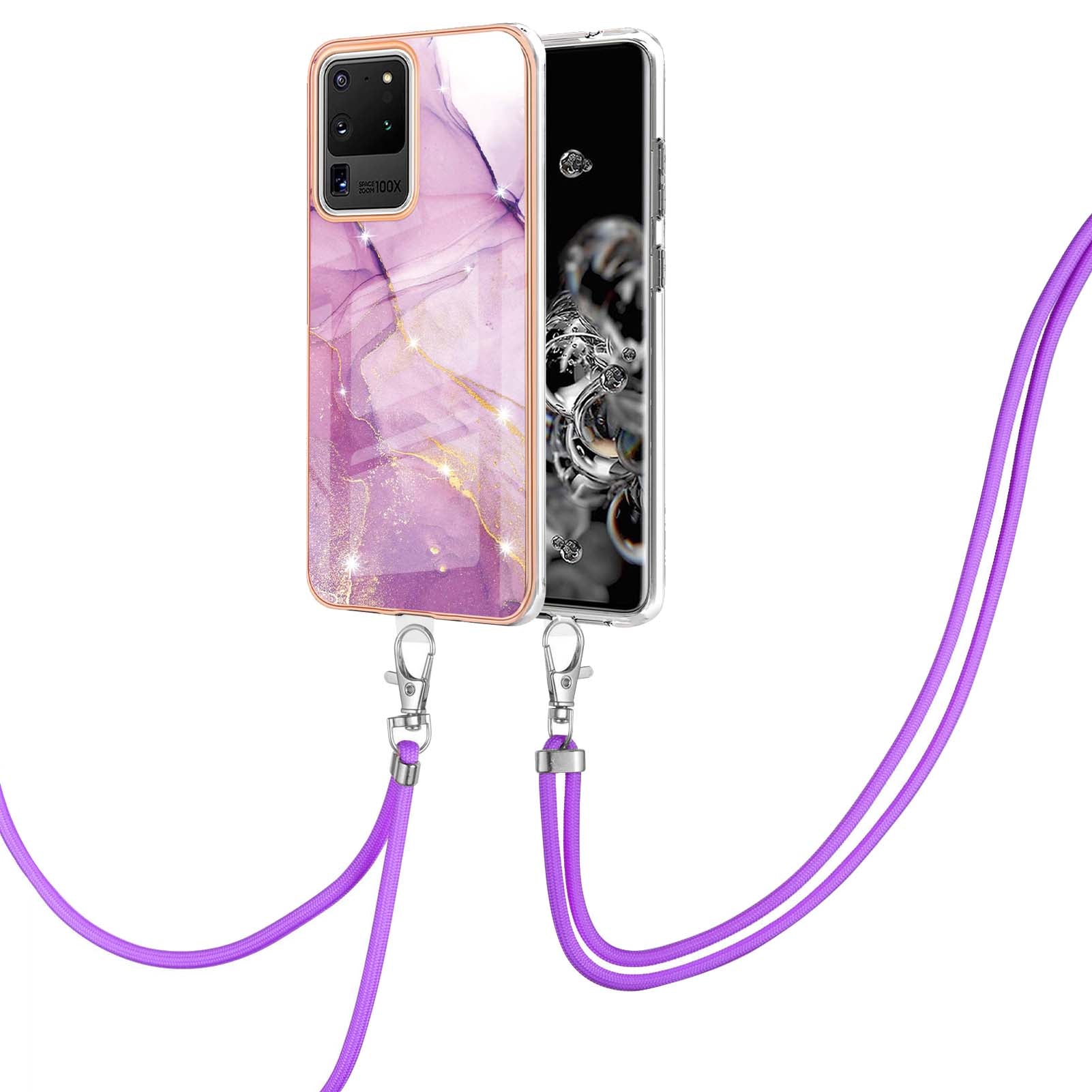 Marble Pattern Electroplated Edge Flexible TPU Anti-Drop IMD Phone Case with Strap for Samsung Galaxy S20 Ultra - Purple 001