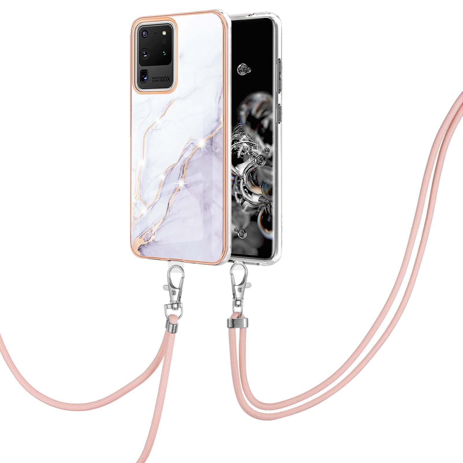 Marble Pattern Electroplated Edge Flexible TPU Anti-Drop IMD Phone Case with Strap for Samsung Galaxy S20 Ultra - White 006