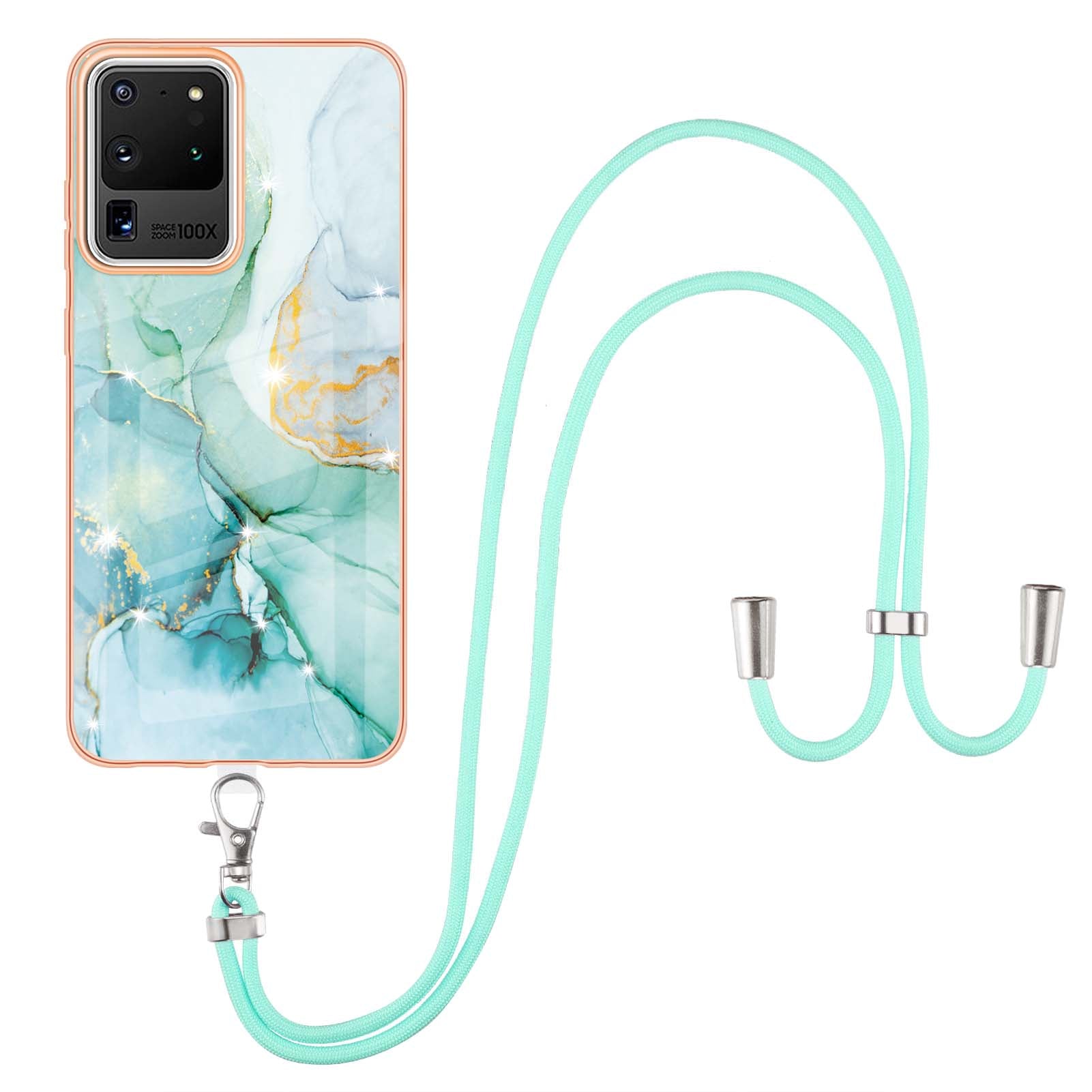 Marble Pattern Electroplated Edge Flexible TPU Anti-Drop IMD Phone Case with Strap for Samsung Galaxy S20 Ultra - Green 003