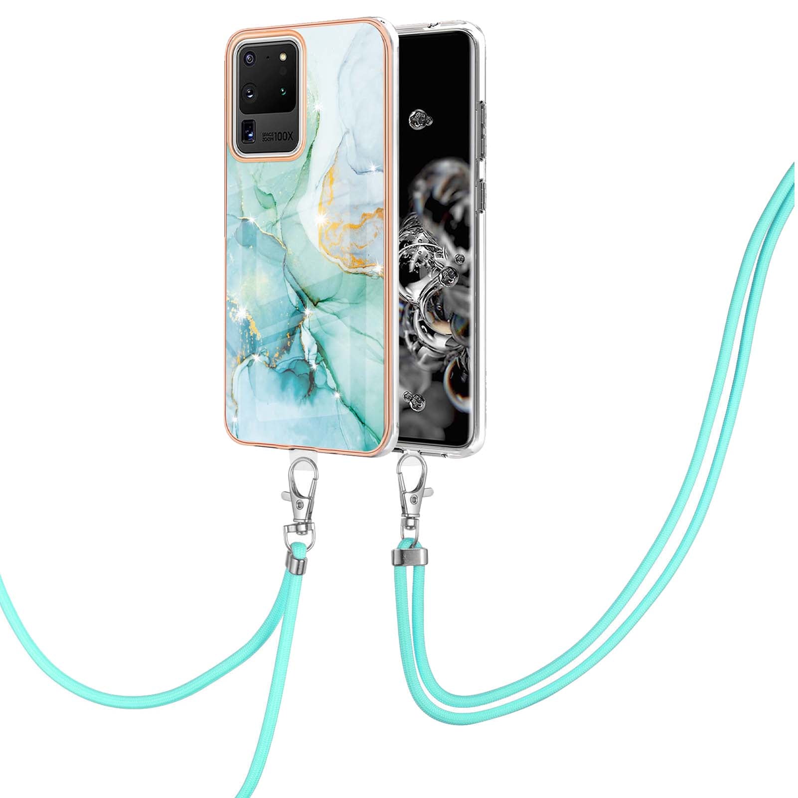 Marble Pattern Electroplated Edge Flexible TPU Anti-Drop IMD Phone Case with Strap for Samsung Galaxy S20 Ultra - Green 003