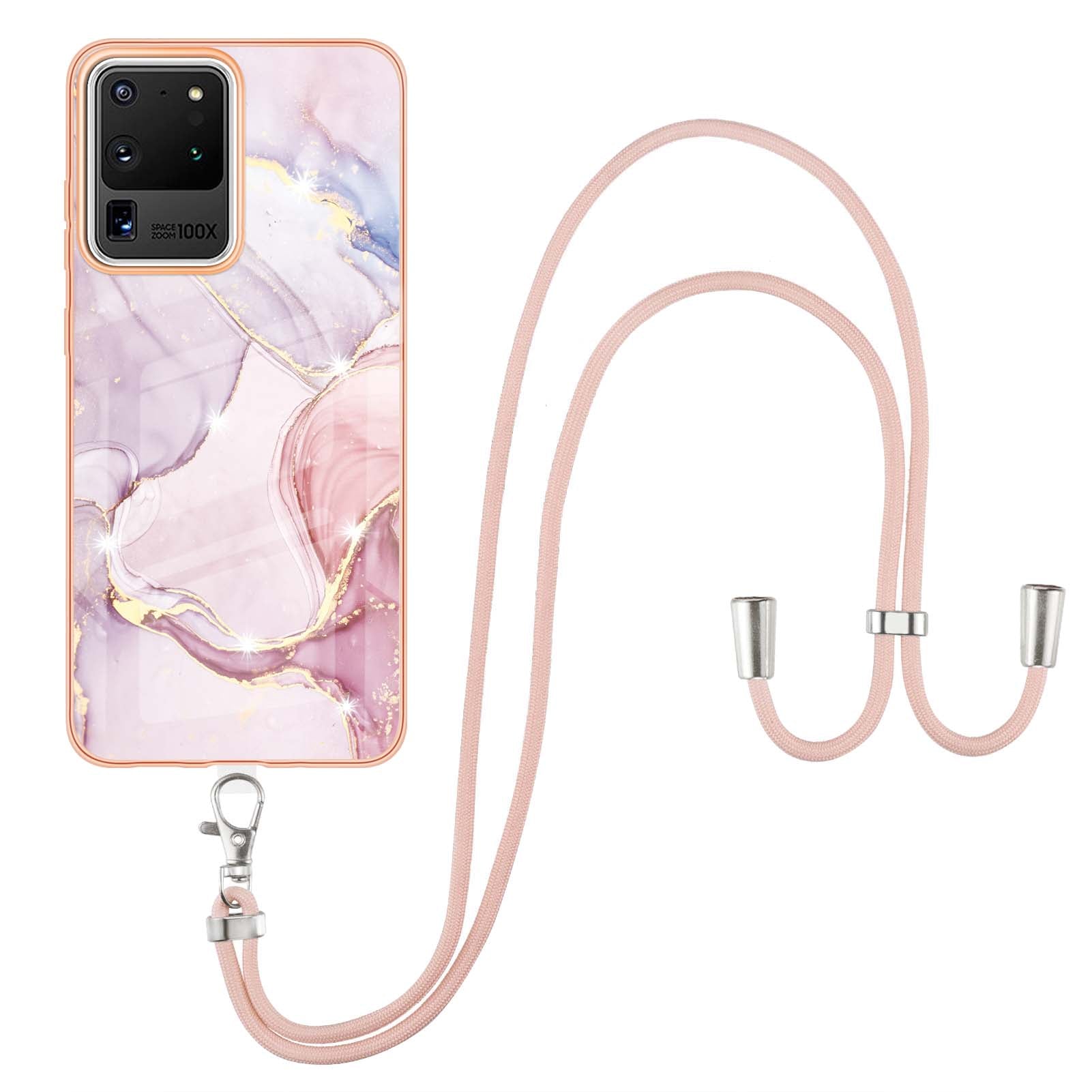 Marble Pattern Electroplated Edge Flexible TPU Anti-Drop IMD Phone Case with Strap for Samsung Galaxy S20 Ultra - Rose Gold 005