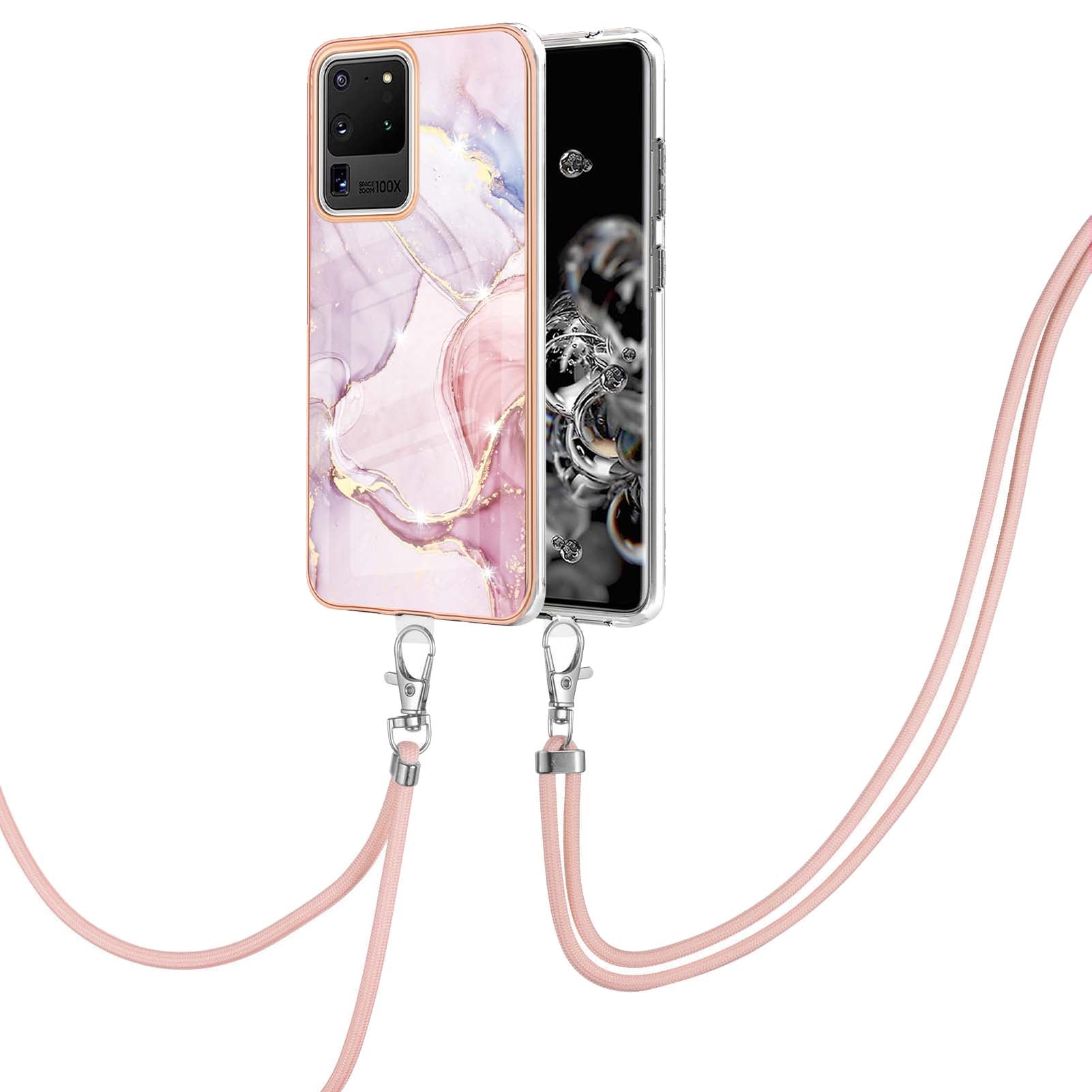 Marble Pattern Electroplated Edge Flexible TPU Anti-Drop IMD Phone Case with Strap for Samsung Galaxy S20 Ultra - Rose Gold 005