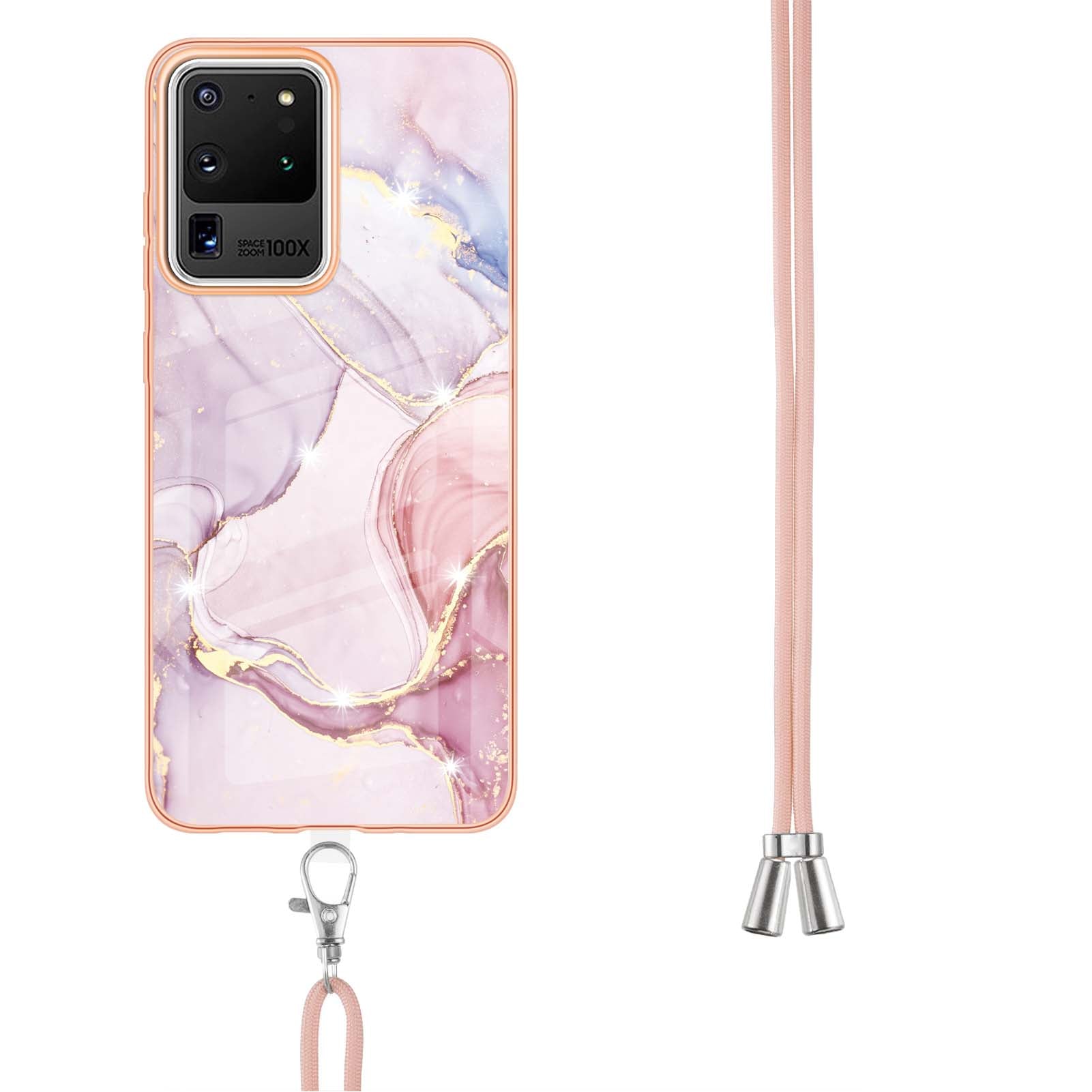 Marble Pattern Electroplated Edge Flexible TPU Anti-Drop IMD Phone Case with Strap for Samsung Galaxy S20 Ultra - Rose Gold 005