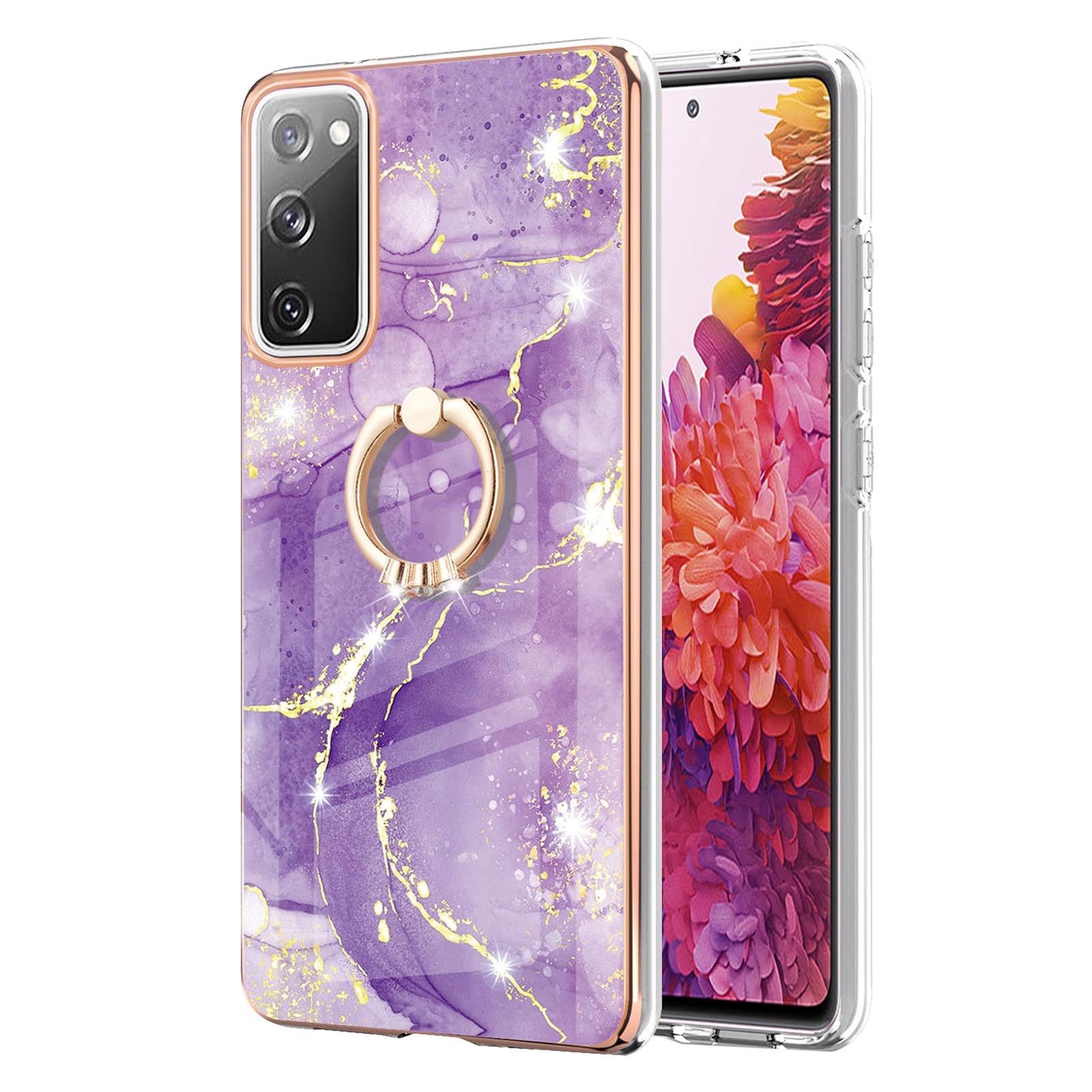 Wear-Resistant IML IMD Marble Pattern Flexible TPU Cover Electroplating Phone Case with Kickstand for Samsung Galaxy S20 FE/S20 FE 5G/S20 Lite/S20 FE 2022 - Purple 002