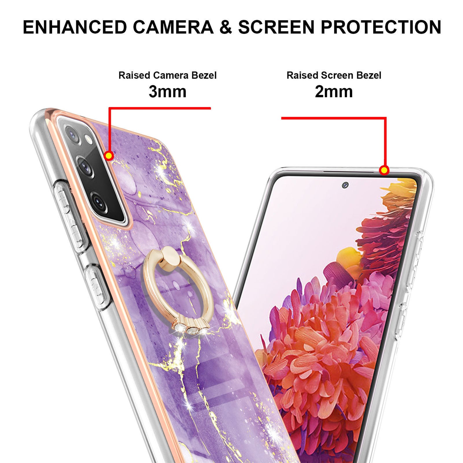 Wear-Resistant IML IMD Marble Pattern Flexible TPU Cover Electroplating Phone Case with Kickstand for Samsung Galaxy S20 FE/S20 FE 5G/S20 Lite/S20 FE 2022 - Purple 002