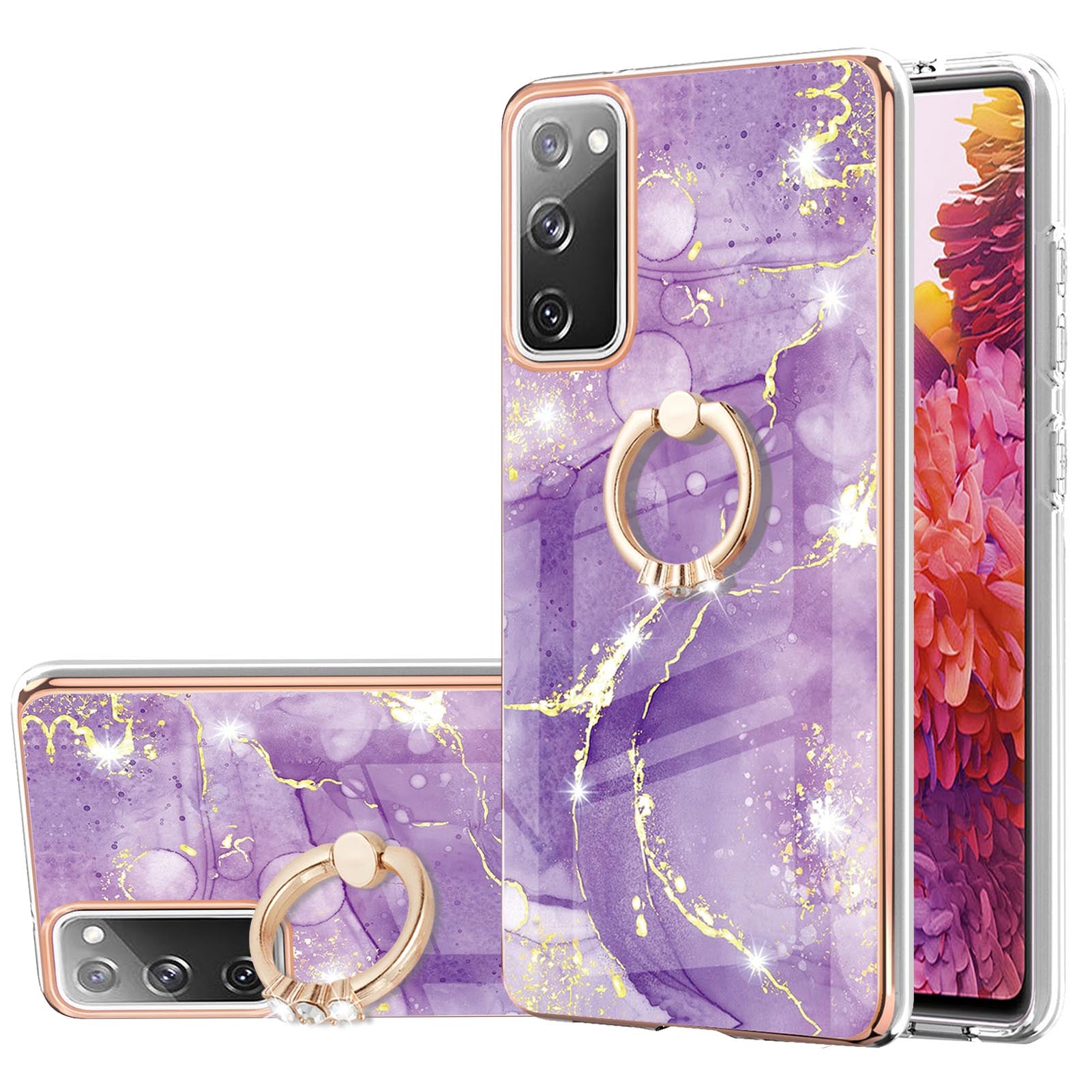 Wear-Resistant IML IMD Marble Pattern Flexible TPU Cover Electroplating Phone Case with Kickstand for Samsung Galaxy S20 FE/S20 FE 5G/S20 Lite/S20 FE 2022 - Purple 002