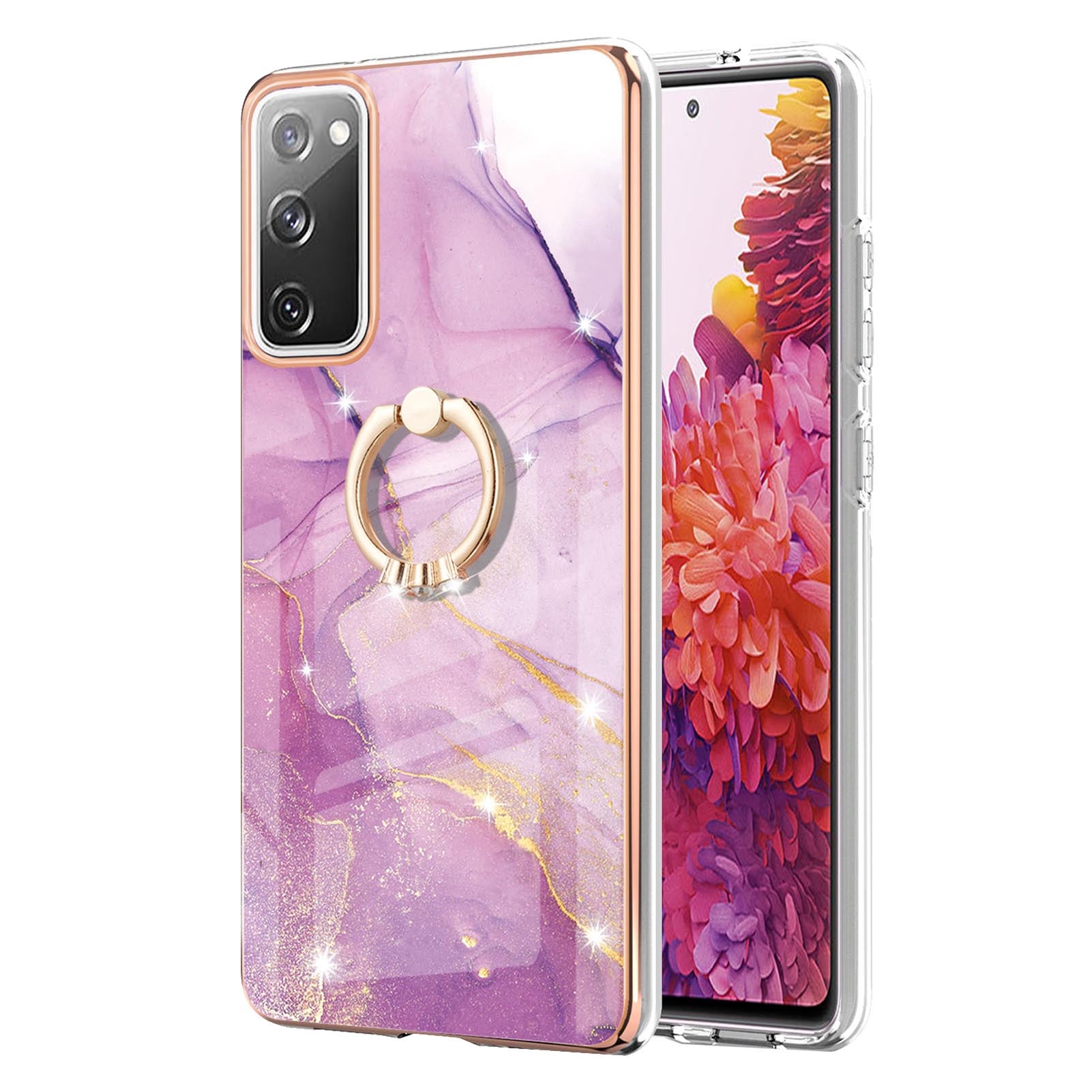 Wear-Resistant IML IMD Marble Pattern Flexible TPU Cover Electroplating Phone Case with Kickstand for Samsung Galaxy S20 FE/S20 FE 5G/S20 Lite/S20 FE 2022 - Purple 001