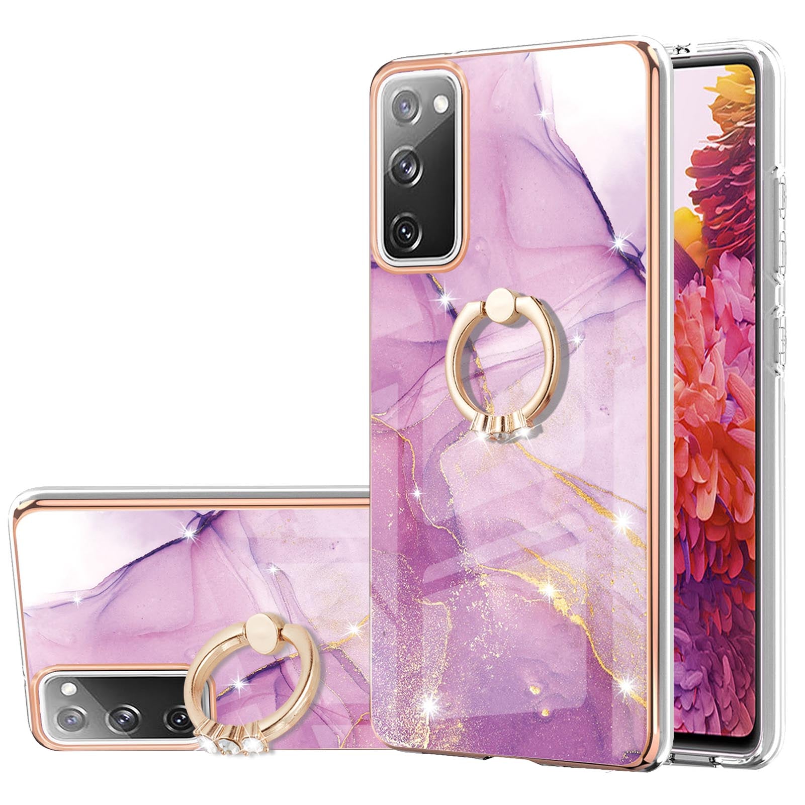 Wear-Resistant IML IMD Marble Pattern Flexible TPU Cover Electroplating Phone Case with Kickstand for Samsung Galaxy S20 FE/S20 FE 5G/S20 Lite/S20 FE 2022 - Purple 001