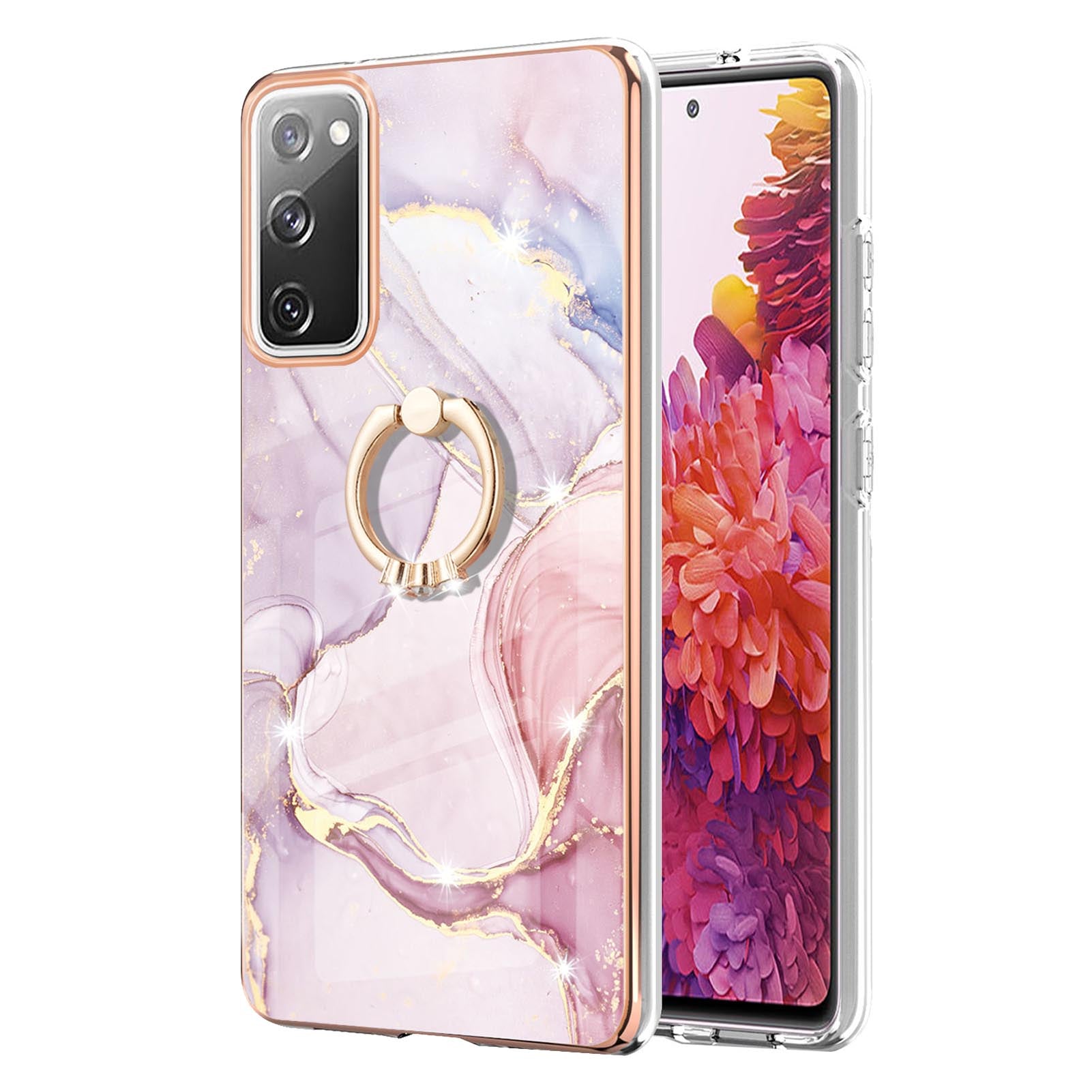 Wear-Resistant IML IMD Marble Pattern Flexible TPU Cover Electroplating Phone Case with Kickstand for Samsung Galaxy S20 FE/S20 FE 5G/S20 Lite/S20 FE 2022 - Rose Gold 005