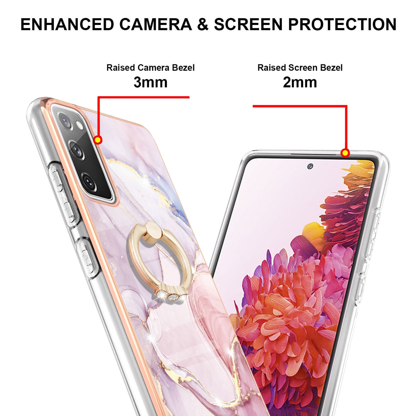 Wear-Resistant IML IMD Marble Pattern Flexible TPU Cover Electroplating Phone Case with Kickstand for Samsung Galaxy S20 FE/S20 FE 5G/S20 Lite/S20 FE 2022 - Rose Gold 005