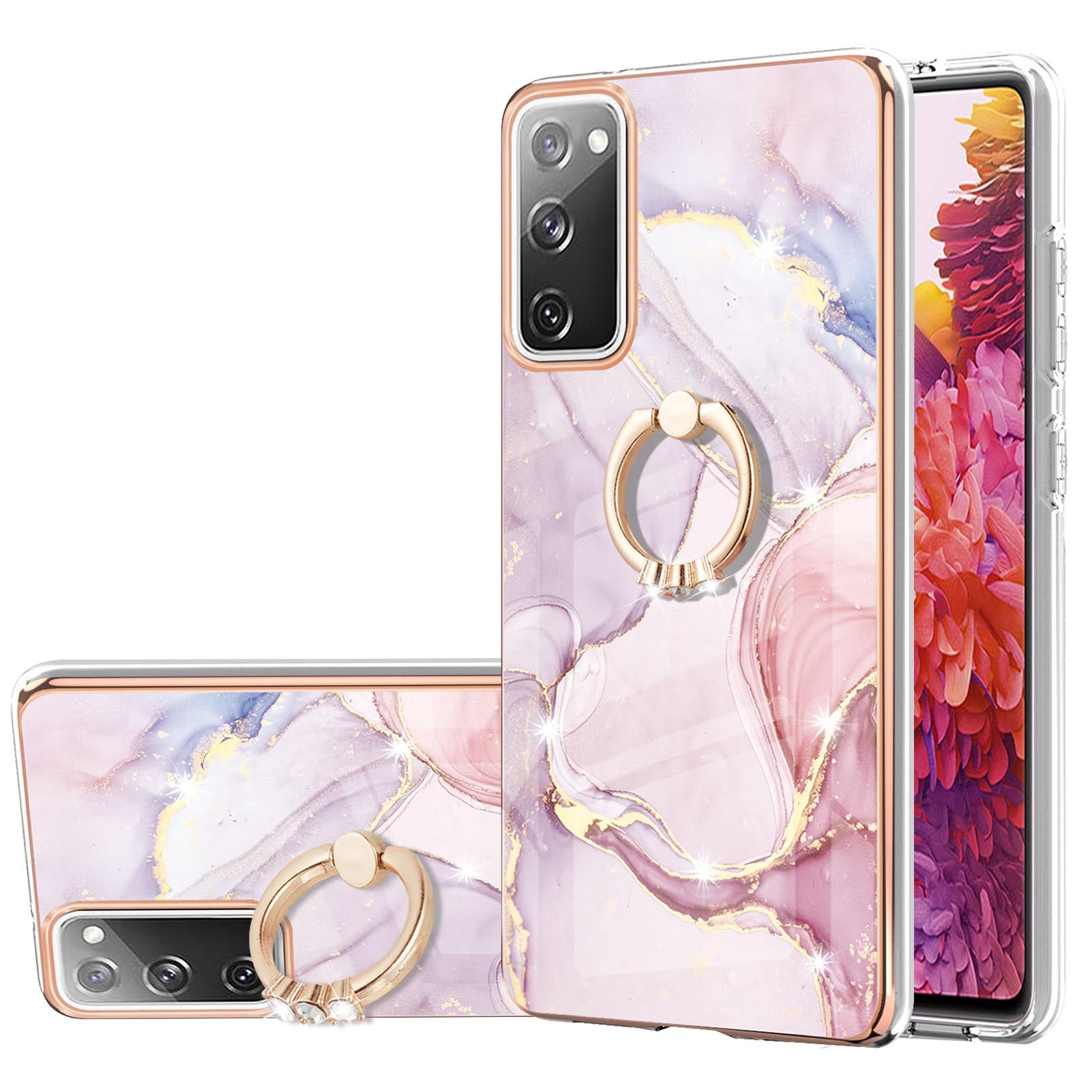 Wear-Resistant IML IMD Marble Pattern Flexible TPU Cover Electroplating Phone Case with Kickstand for Samsung Galaxy S20 FE/S20 FE 5G/S20 Lite/S20 FE 2022 - Rose Gold 005