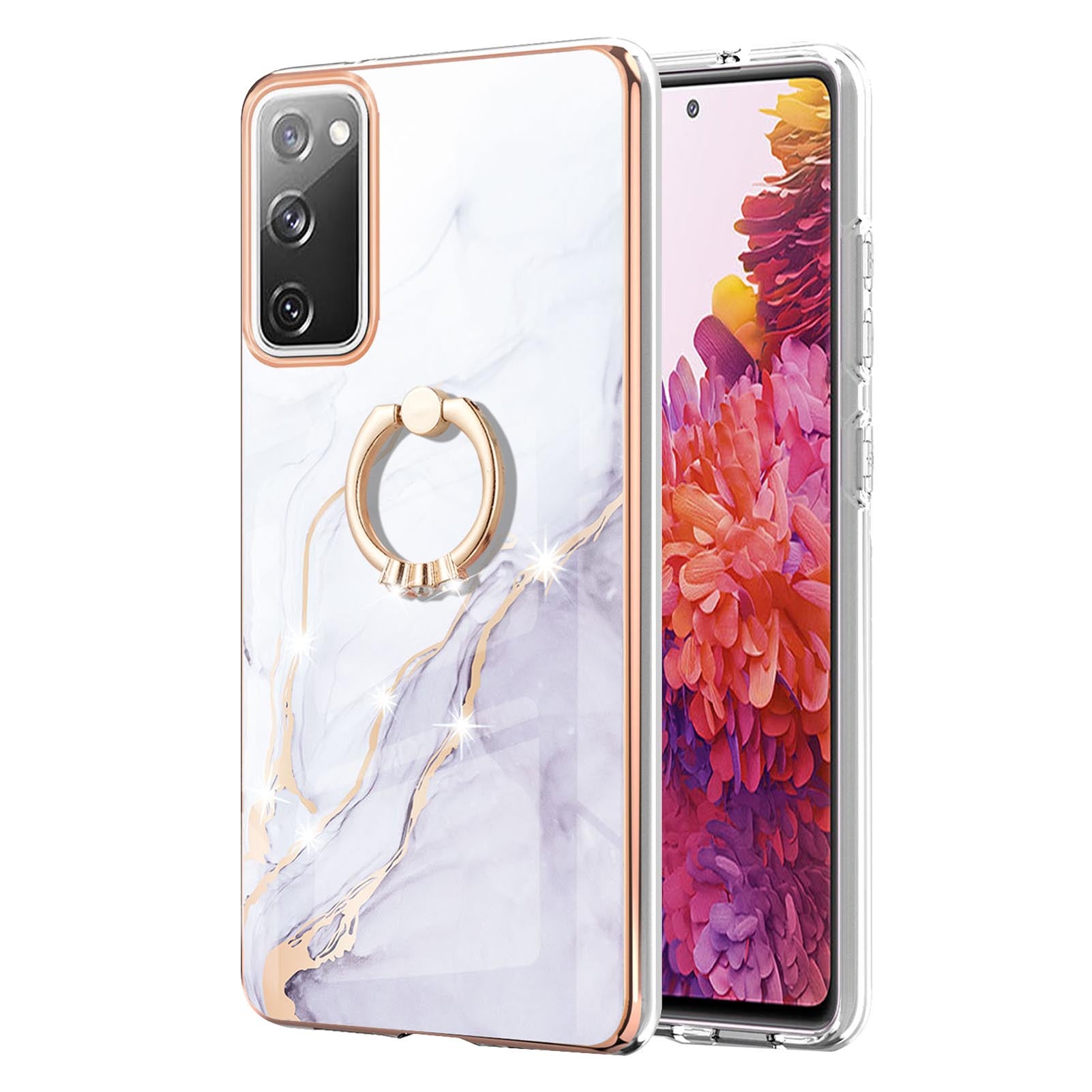 Wear-Resistant IML IMD Marble Pattern Flexible TPU Cover Electroplating Phone Case with Kickstand for Samsung Galaxy S20 FE/S20 FE 5G/S20 Lite/S20 FE 2022 - White 006