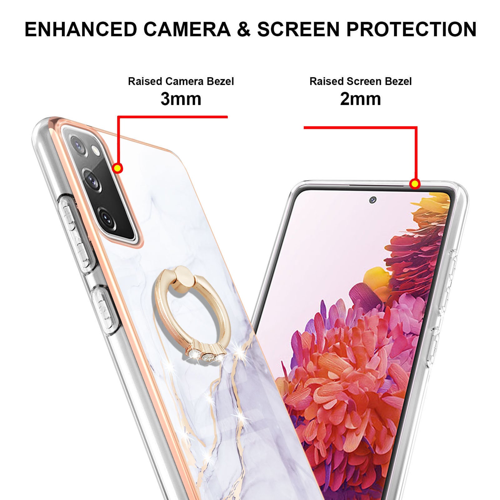 Wear-Resistant IML IMD Marble Pattern Flexible TPU Cover Electroplating Phone Case with Kickstand for Samsung Galaxy S20 FE/S20 FE 5G/S20 Lite/S20 FE 2022 - White 006