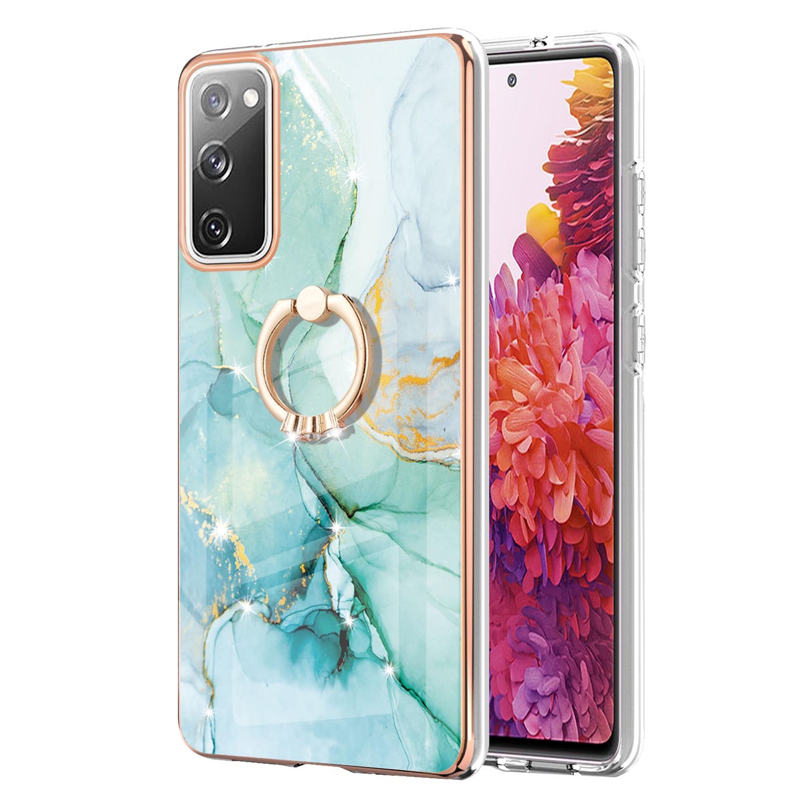 Wear-Resistant IML IMD Marble Pattern Flexible TPU Cover Electroplating Phone Case with Kickstand for Samsung Galaxy S20 FE/S20 FE 5G/S20 Lite/S20 FE 2022 - Green 003