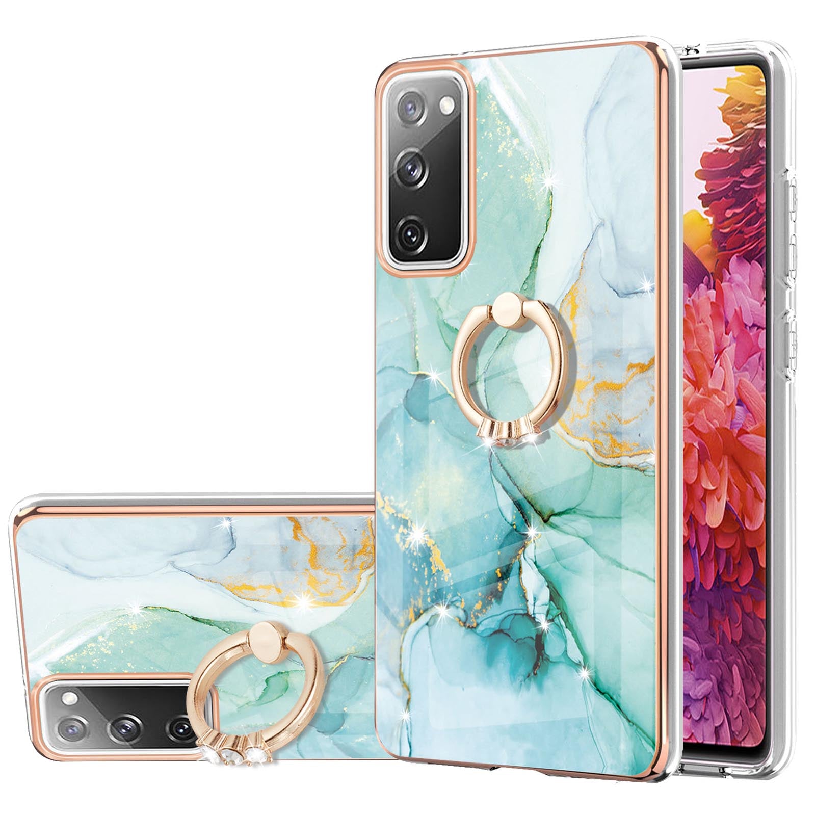 Wear-Resistant IML IMD Marble Pattern Flexible TPU Cover Electroplating Phone Case with Kickstand for Samsung Galaxy S20 FE/S20 FE 5G/S20 Lite/S20 FE 2022 - Green 003