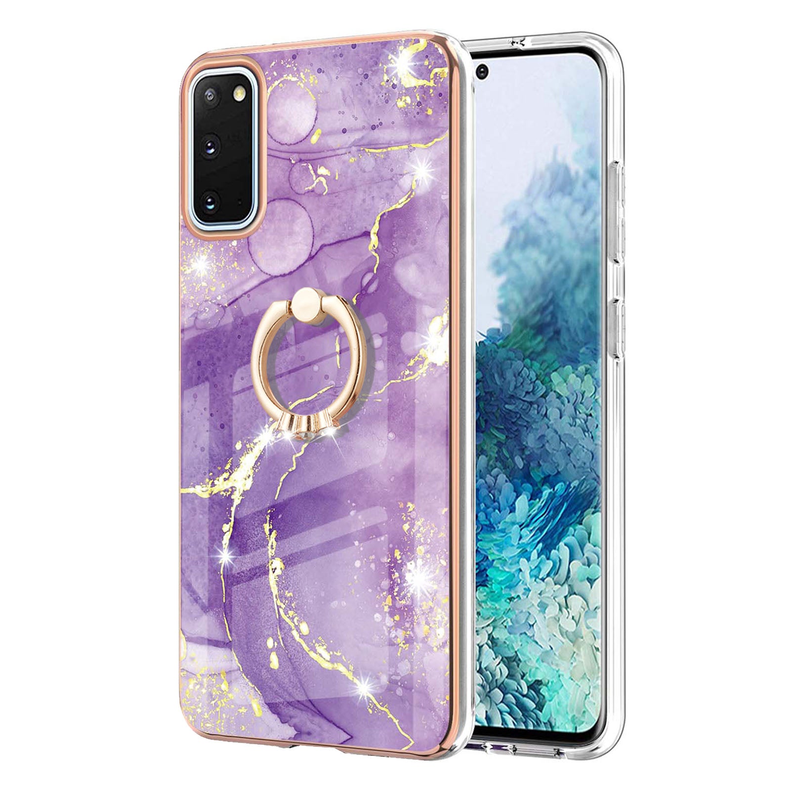 Anti-Drop Flexible TPU Cover Electroplating Frame IMD Marble Pattern IML Phone Case with Rotary Ring Kickstand for Samsung Galaxy S20 4G/S20 5G - Purple 002