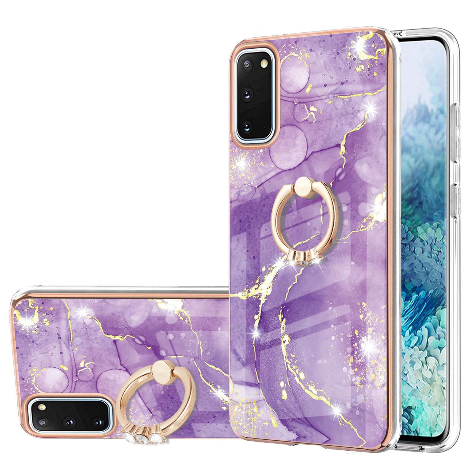 Anti-Drop Flexible TPU Cover Electroplating Frame IMD Marble Pattern IML Phone Case with Rotary Ring Kickstand for Samsung Galaxy S20 4G/S20 5G - Purple 002