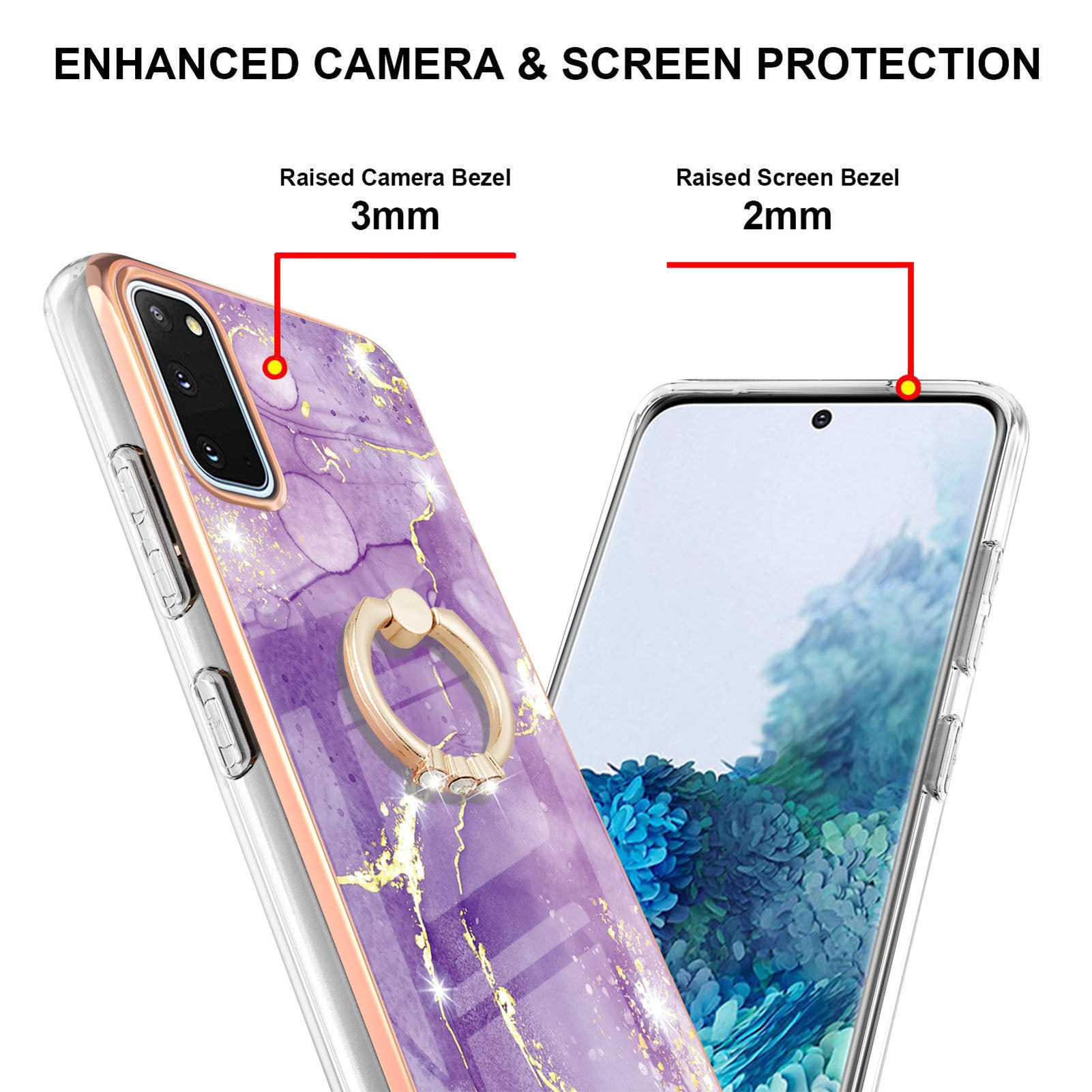 Anti-Drop Flexible TPU Cover Electroplating Frame IMD Marble Pattern IML Phone Case with Rotary Ring Kickstand for Samsung Galaxy S20 4G/S20 5G - Purple 002