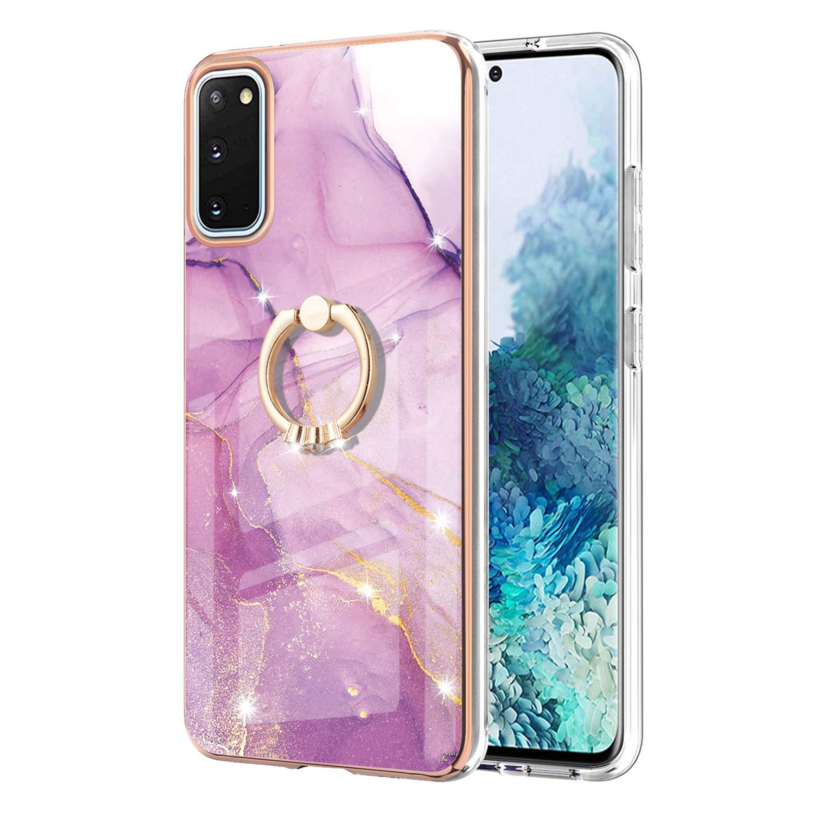 Anti-Drop Flexible TPU Cover Electroplating Frame IMD Marble Pattern IML Phone Case with Rotary Ring Kickstand for Samsung Galaxy S20 4G/S20 5G - Purple 001