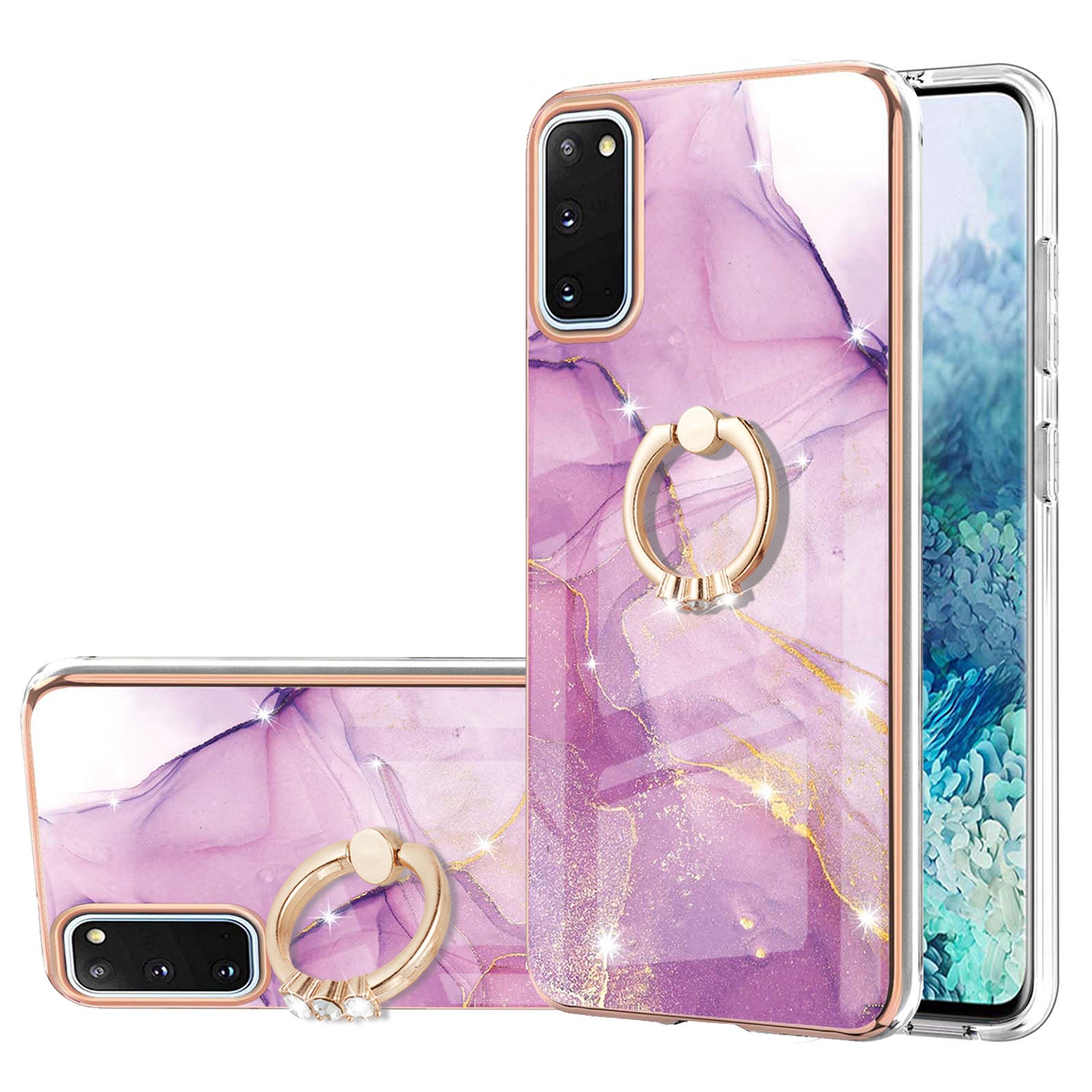 Anti-Drop Flexible TPU Cover Electroplating Frame IMD Marble Pattern IML Phone Case with Rotary Ring Kickstand for Samsung Galaxy S20 4G/S20 5G - Purple 001