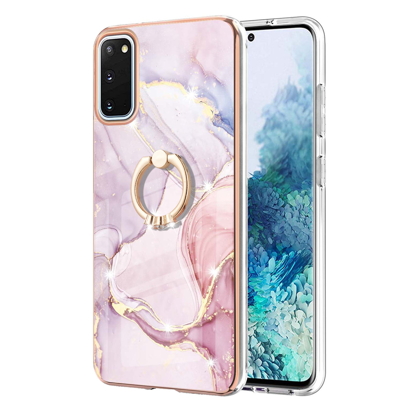 Anti-Drop Flexible TPU Cover Electroplating Frame IMD Marble Pattern IML Phone Case with Rotary Ring Kickstand for Samsung Galaxy S20 4G/S20 5G - Rose Gold 005