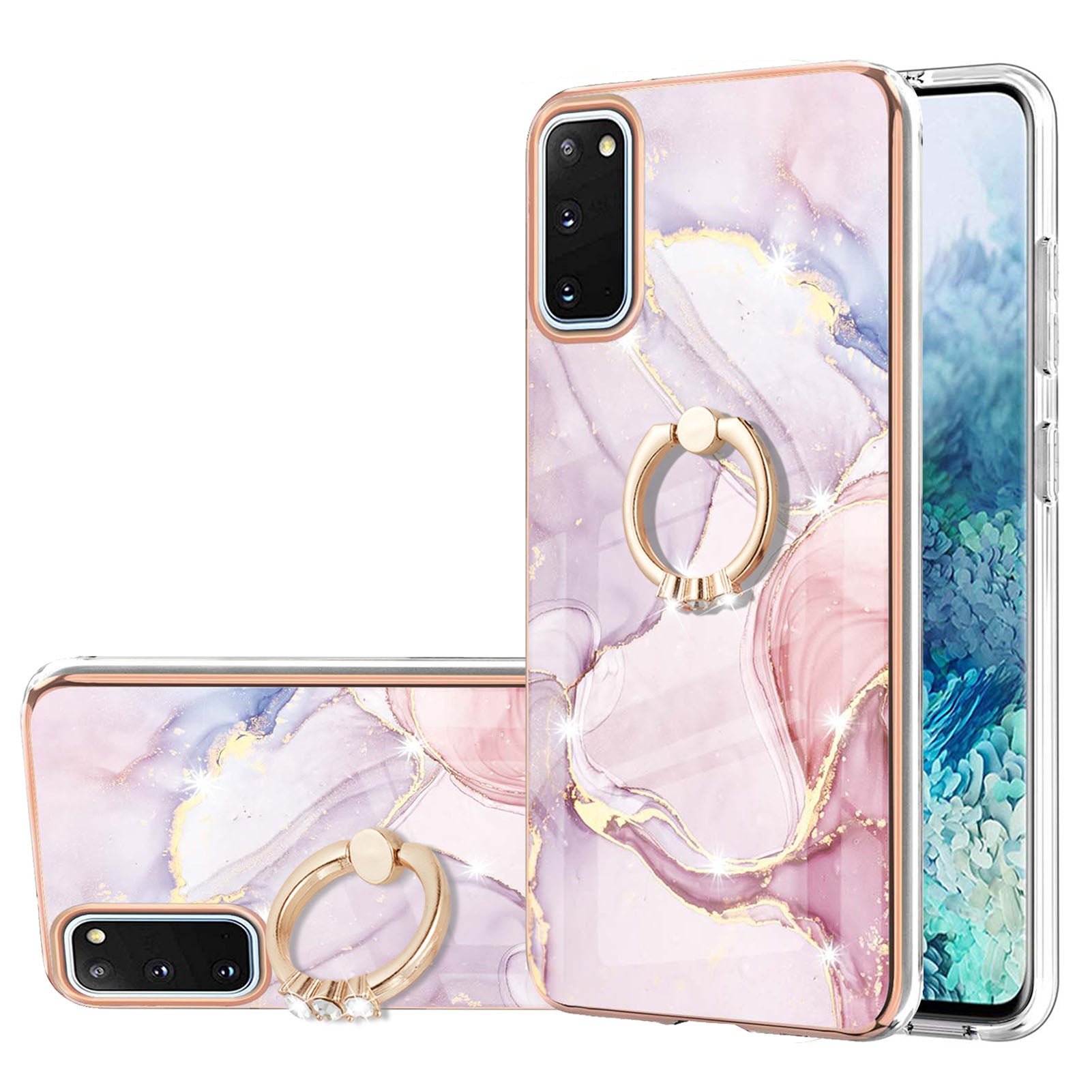 Anti-Drop Flexible TPU Cover Electroplating Frame IMD Marble Pattern IML Phone Case with Rotary Ring Kickstand for Samsung Galaxy S20 4G/S20 5G - Rose Gold 005